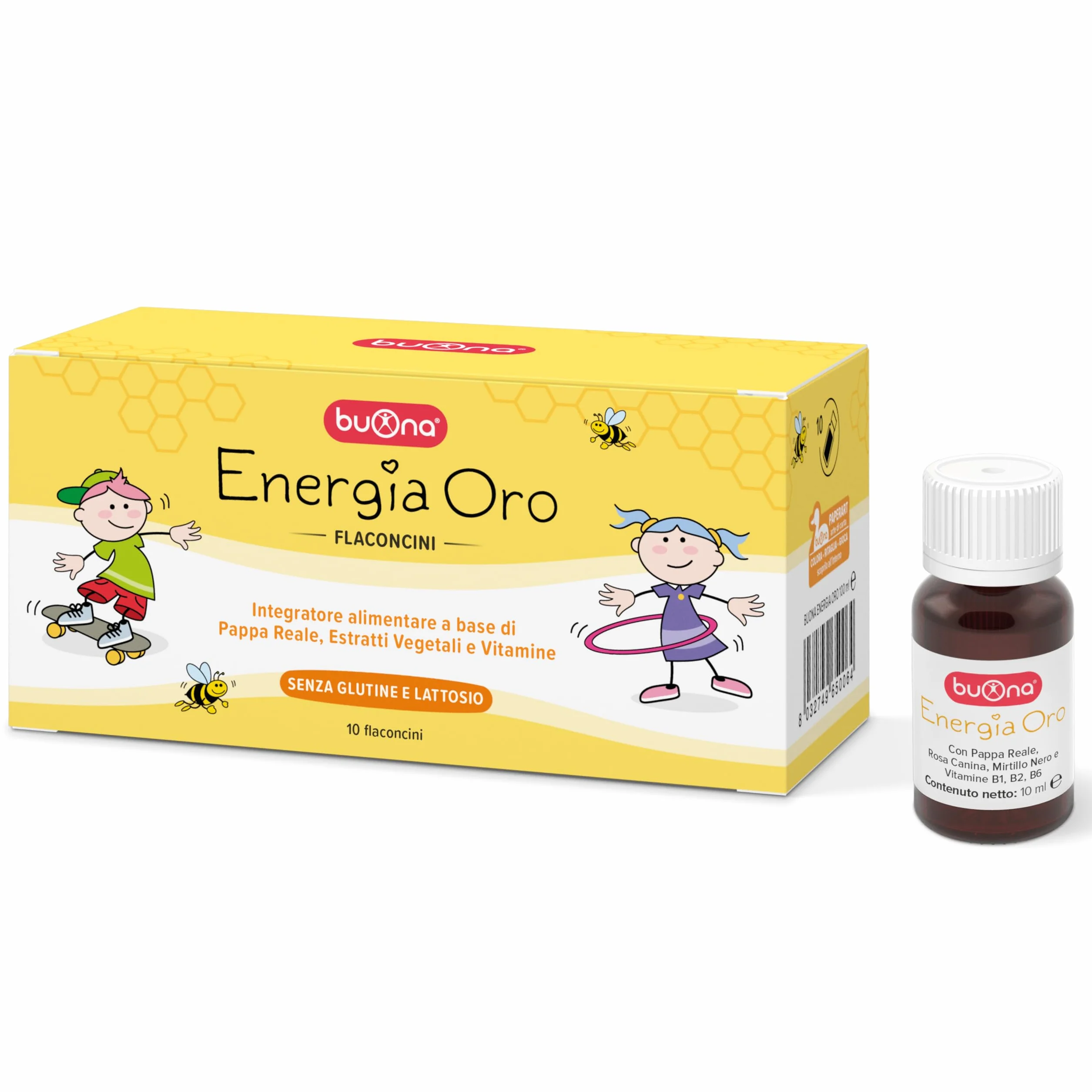 Buona Energia Oro Flaconcini Bambini 10 x 10 ml Integratore Stanchezza con Pappa Reale, Vitamine B1, B2, B6, Rosa Canina, Mirtillo Nero