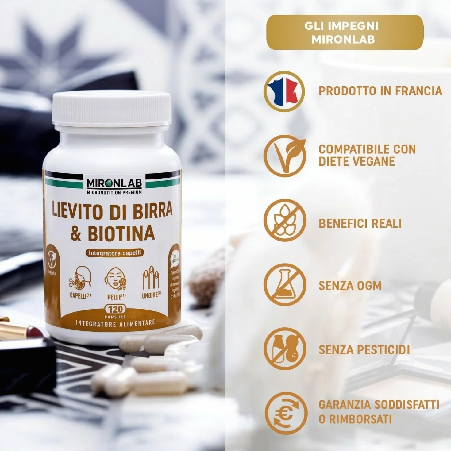 MIRONLAB Lievito di Birra Alto Dosaggio 1640mg Integratore Crescita Capelli Pelle Unghie 120 Capsule