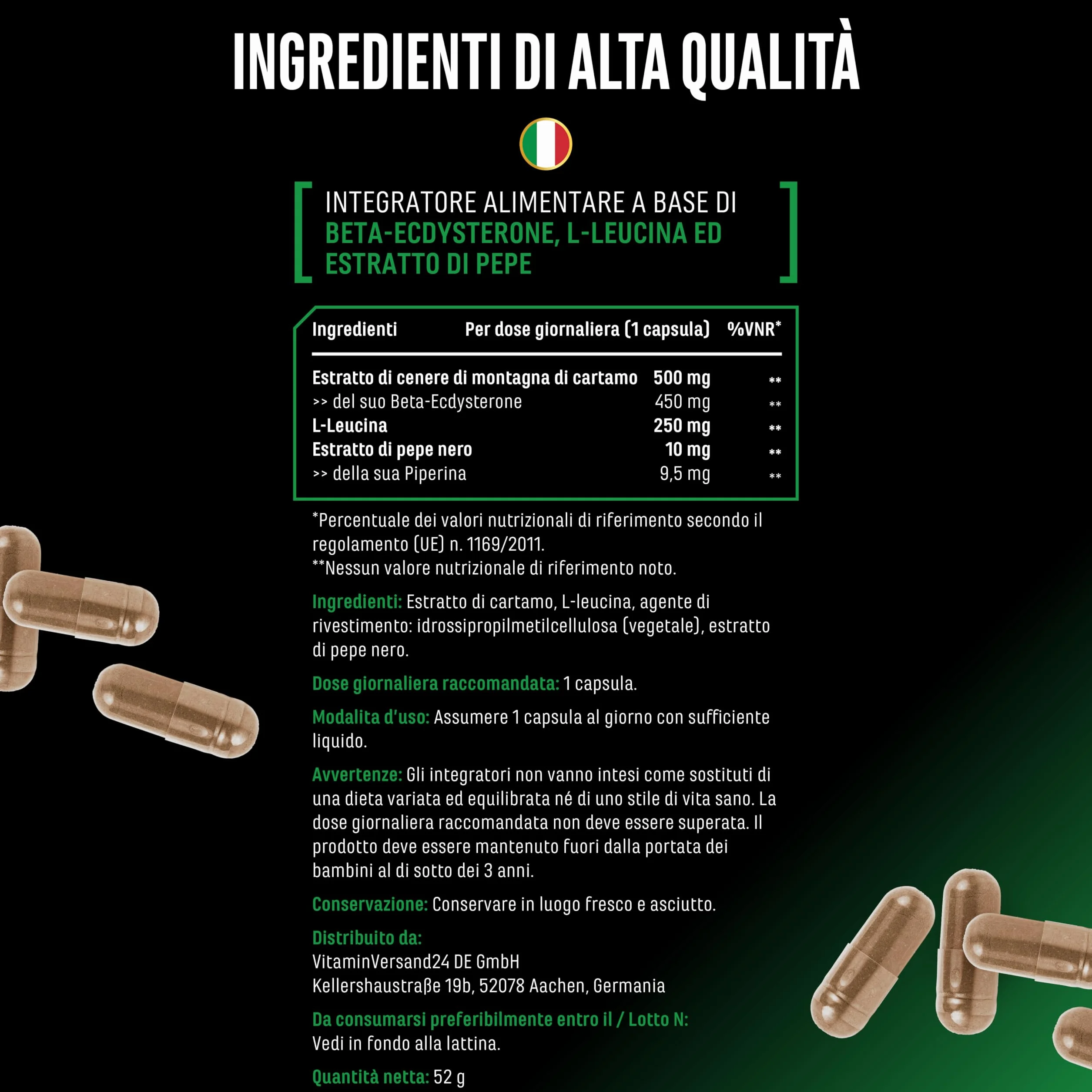 Complesso di ecdisterone - 760 mg per capsula – Con 90% beta-ecdisterone, L-leucina e piperina – Ad alto dosaggio & qualità premium - 60 capsule vegane