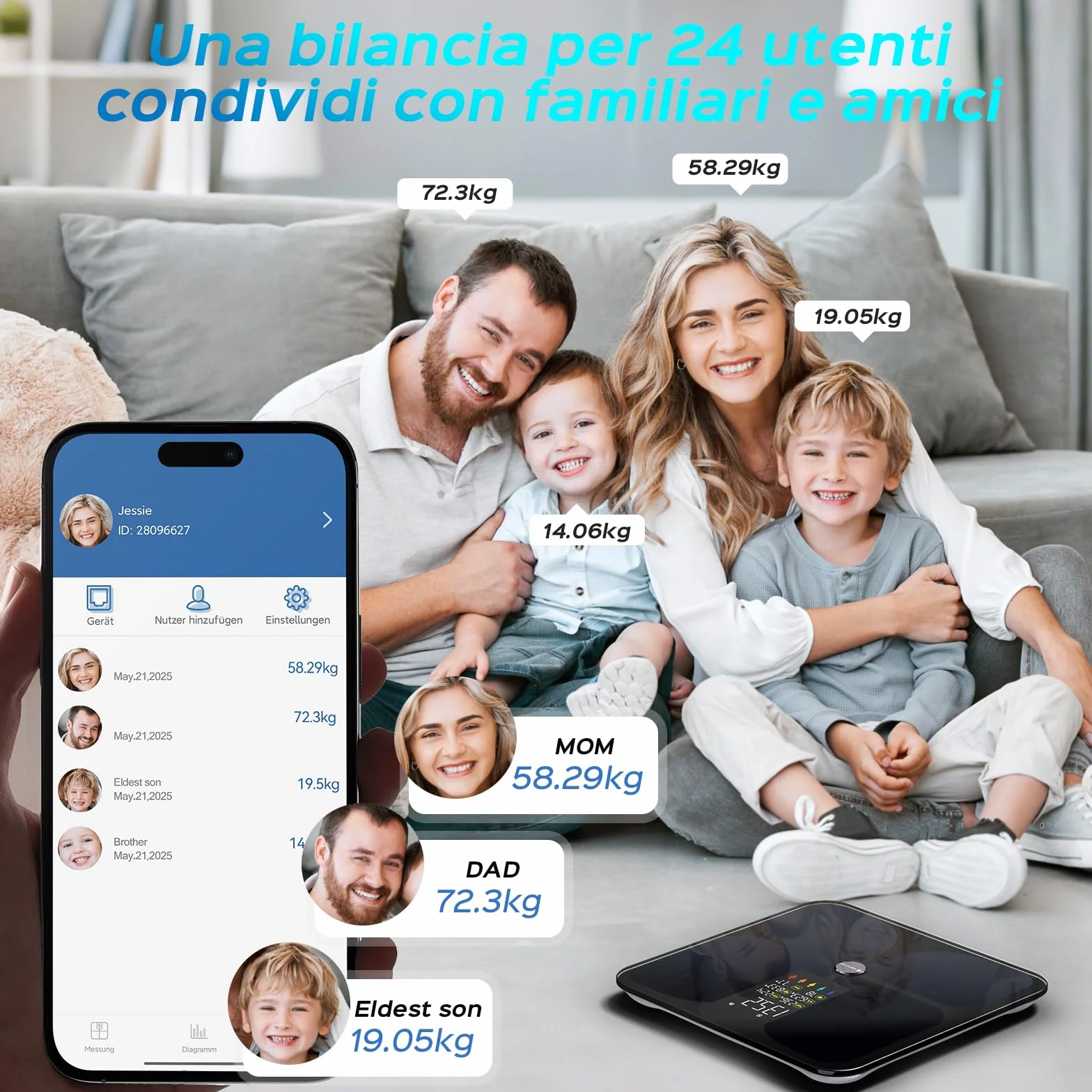 Bilancia Pesapersone Digitale Bluetooth App, Professionale Smart Impedenziometrica, Grasso Corporeo Massa Magra BMI 22 Indici, Elettronica Nero 4AAA
