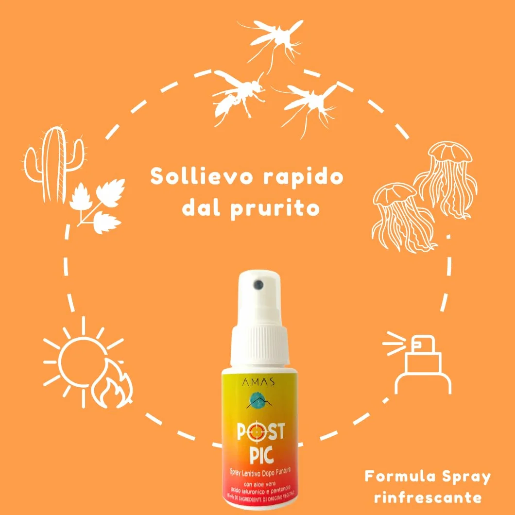 AMAS SPRAY LENITIVO NATURALE DOPOPUNTURA ANTIPRURITO POST PIC con Acido Ialuronico Aloe Vera e Pantenolo