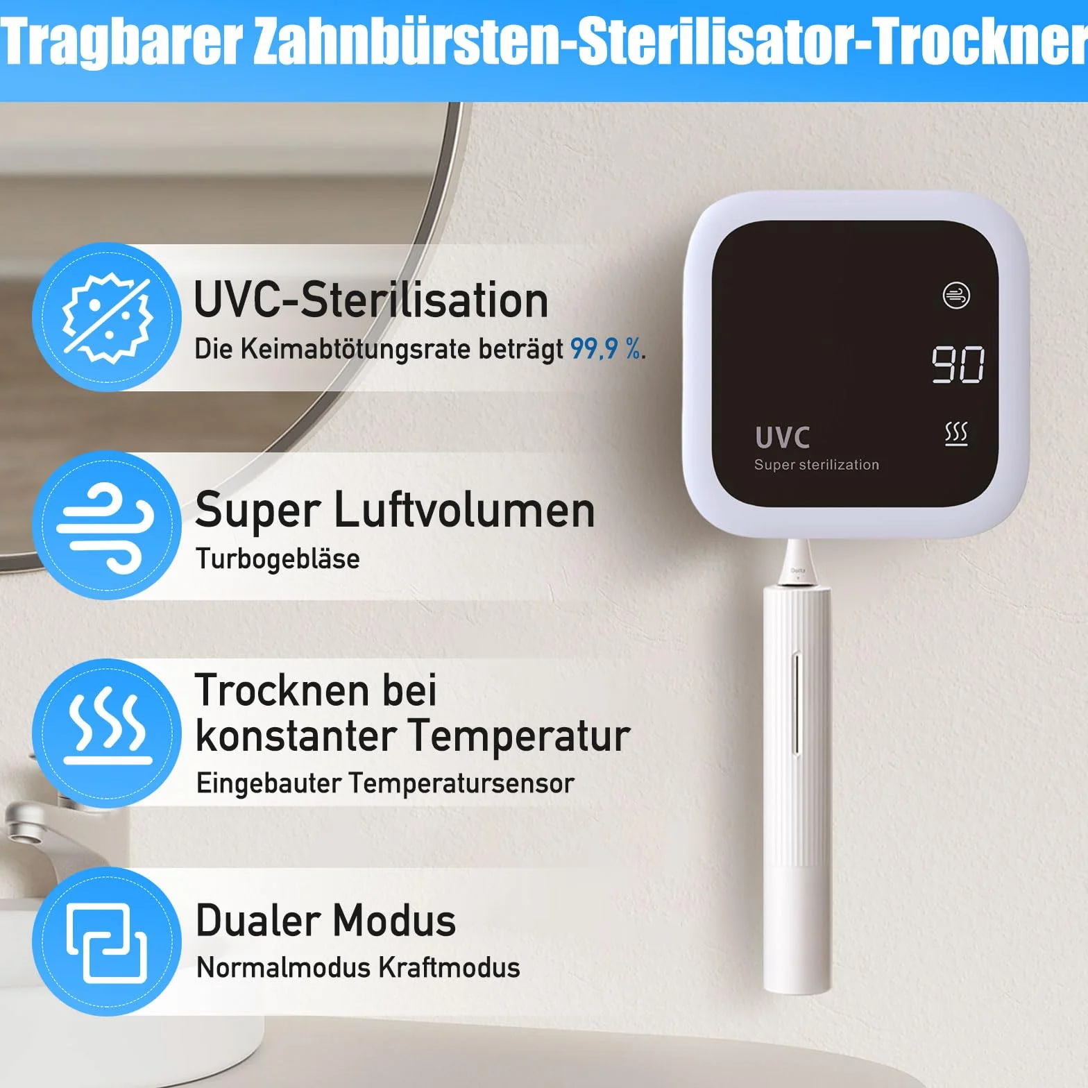 Spazzolino da denti, sterilizzatore, disinfettante, spazzolino da denti UV, disinfettante, 1000 mAh, portaspazzolino portatile, montato a parete, per proteggere la salute orale