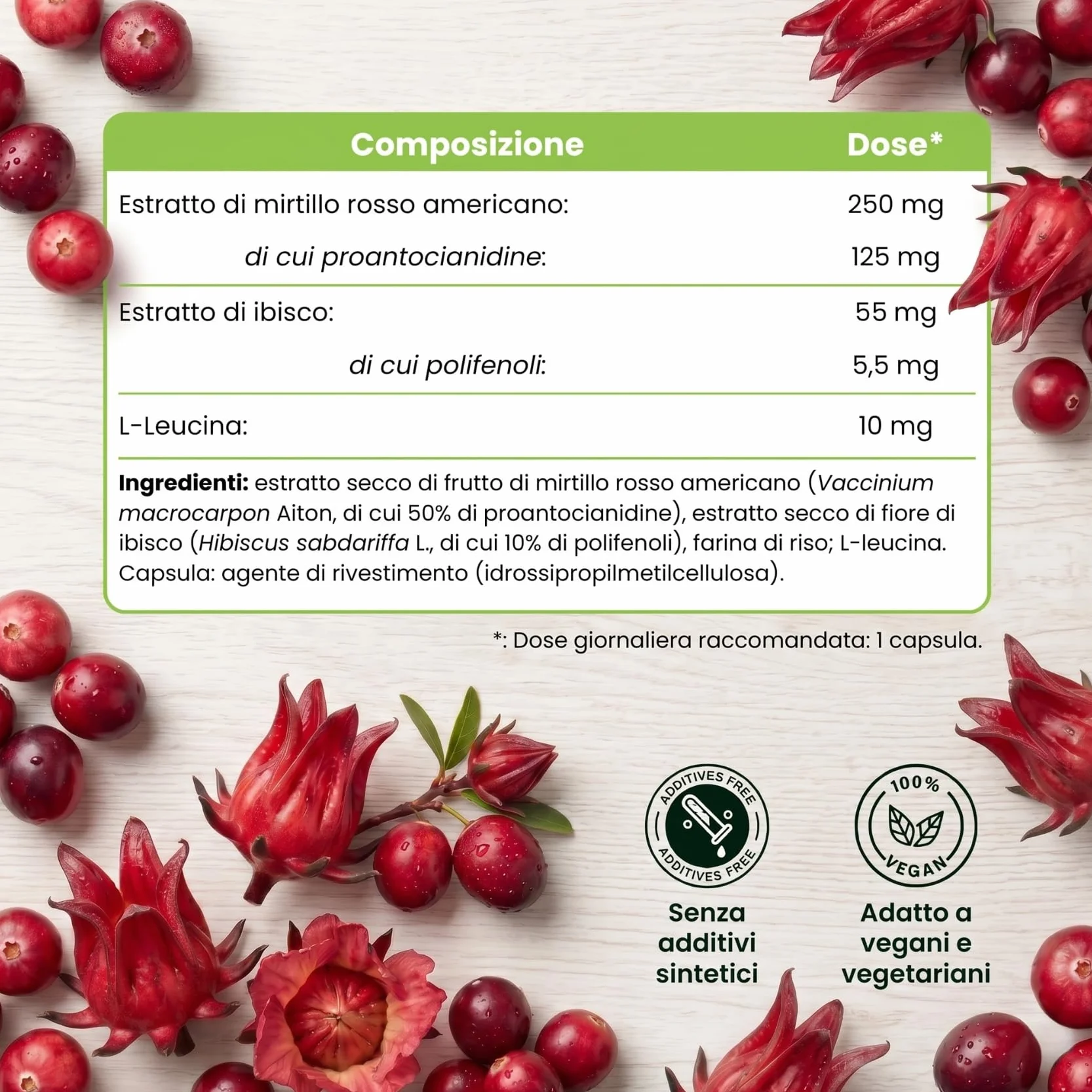 Mirtillo Rosso Americano Cranberry con Ibisco 125 mg di PAC Proantocianidine - Vie Urinarie - 190 Capsule - Senza Additivi +6 Mesi | Uritractin Nutribiolite