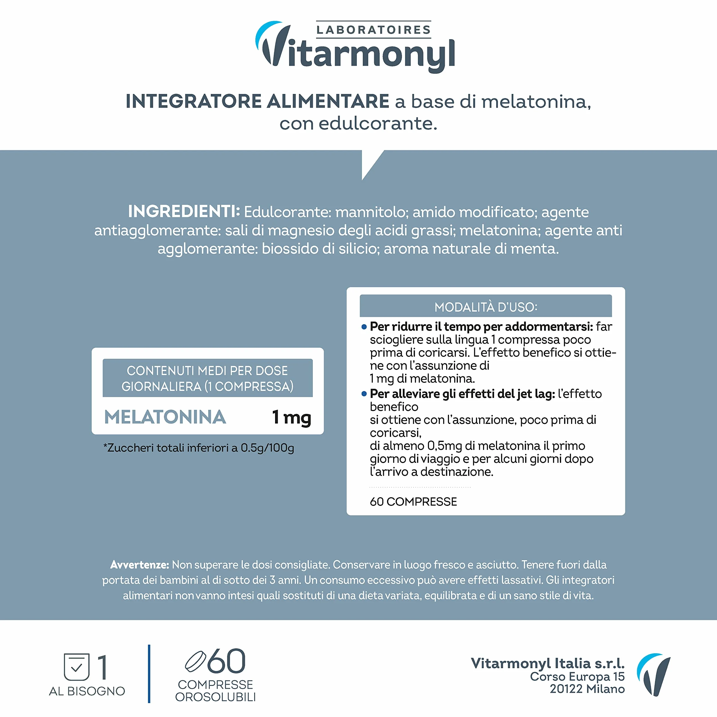 Vitarmonyl Melatonina Express 1 mg Integratore Sonno Jet Lag Compresse Orosolubili Rapido Assorbimento Gusto Menta 60 Compresse