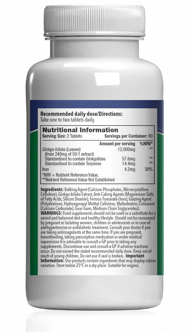 Ginkgo Biloba 6000 mg - 360 Compresse - Adatto ai Vegani – 6 mesi di scorta –SimplySupplements