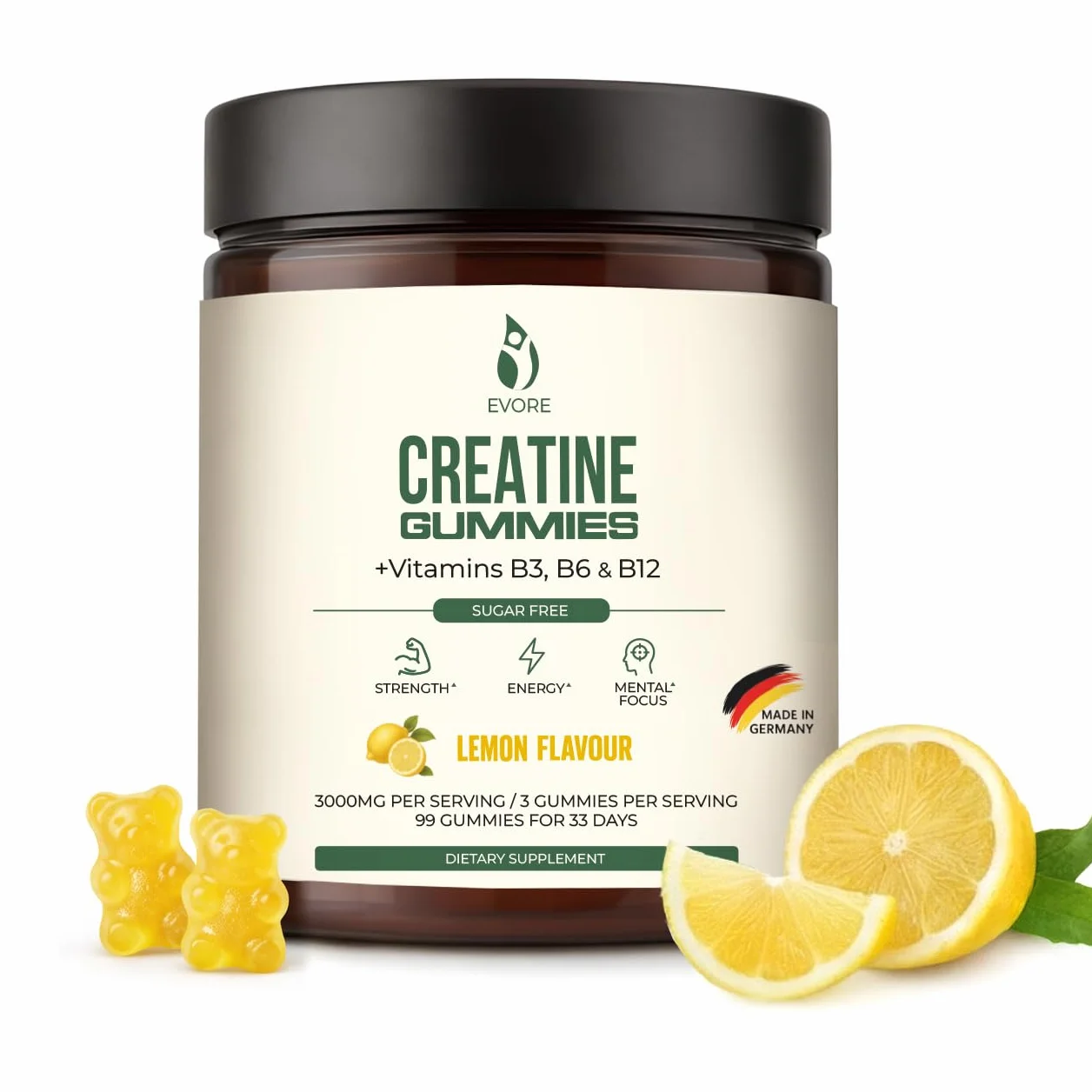 Creatina Gommose – 3000 mg di creatina per porzione – 99 gommose – Testate in laboratorio, prodotte in Germania – con vitamine B3, B6 e B12 – Alternativa a capsule e polvere – Gusto limone