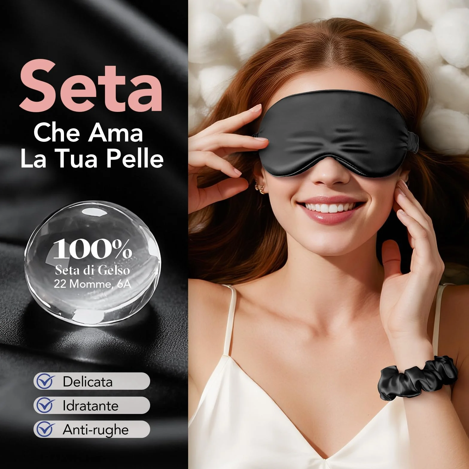 LitBear Maschera per dormire in 100% pura seta, 22 Momme 6A seta di gelso, maschera per gli occhi completamente bloccante per dormire, per donne, uomini, chi dorme sul fianco, con elastico per capelli