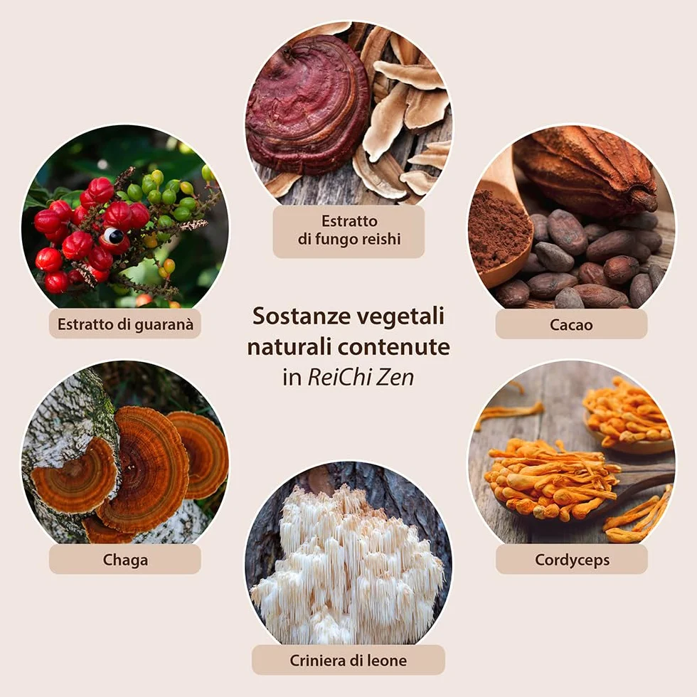 ReiChi Zen I 70% di funghi pregiati: Reishi, Chaga, Cordyceps, “Criniera di leone” I Caffè ai funghi I Caffeina dal guaranà I Magnesio per i nervi e la psiche* I vegano, senza additivi I 150 g, 30 taz
