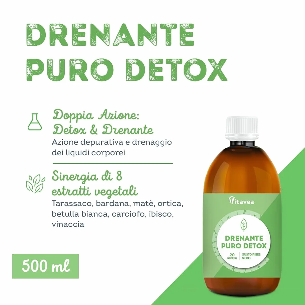 Vitavea Drenante Detox Forte Diuretico 500 ml con Tarassaco e Bardana - Controllo Peso 8 Piante Naturali