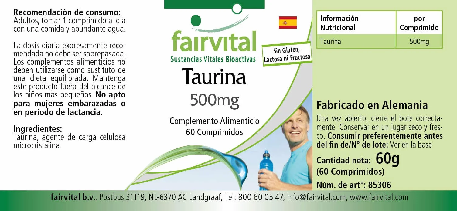 fairvital Taurina 500 mg, 60 compresse, ad alto dosaggio con 500 mg per compressa, VEGANO