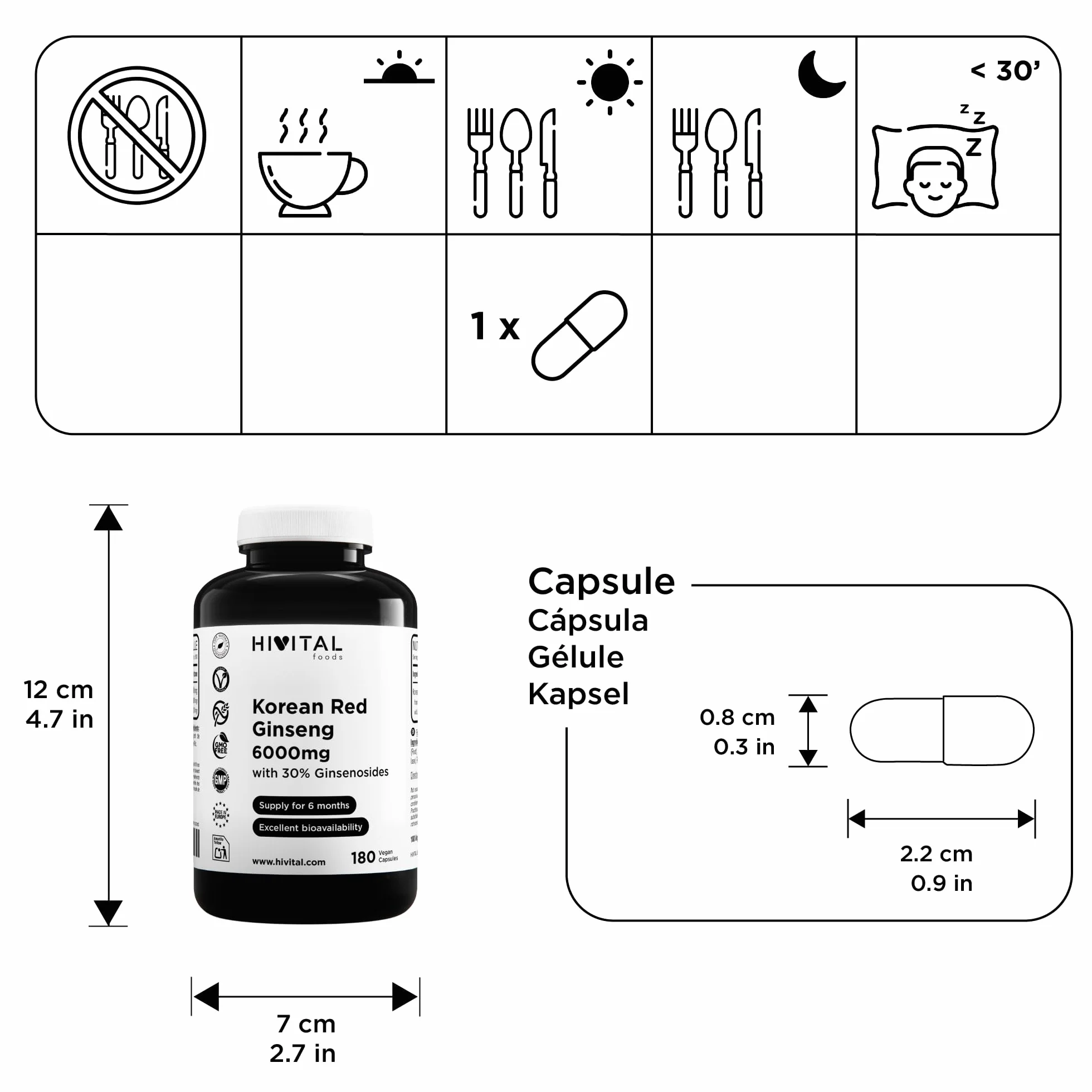 Ginseng Rosso Coreano 6000 mg 180 capsule vegane estratto naturale radice 15:1 30% ginsenosidi HIVITAL
