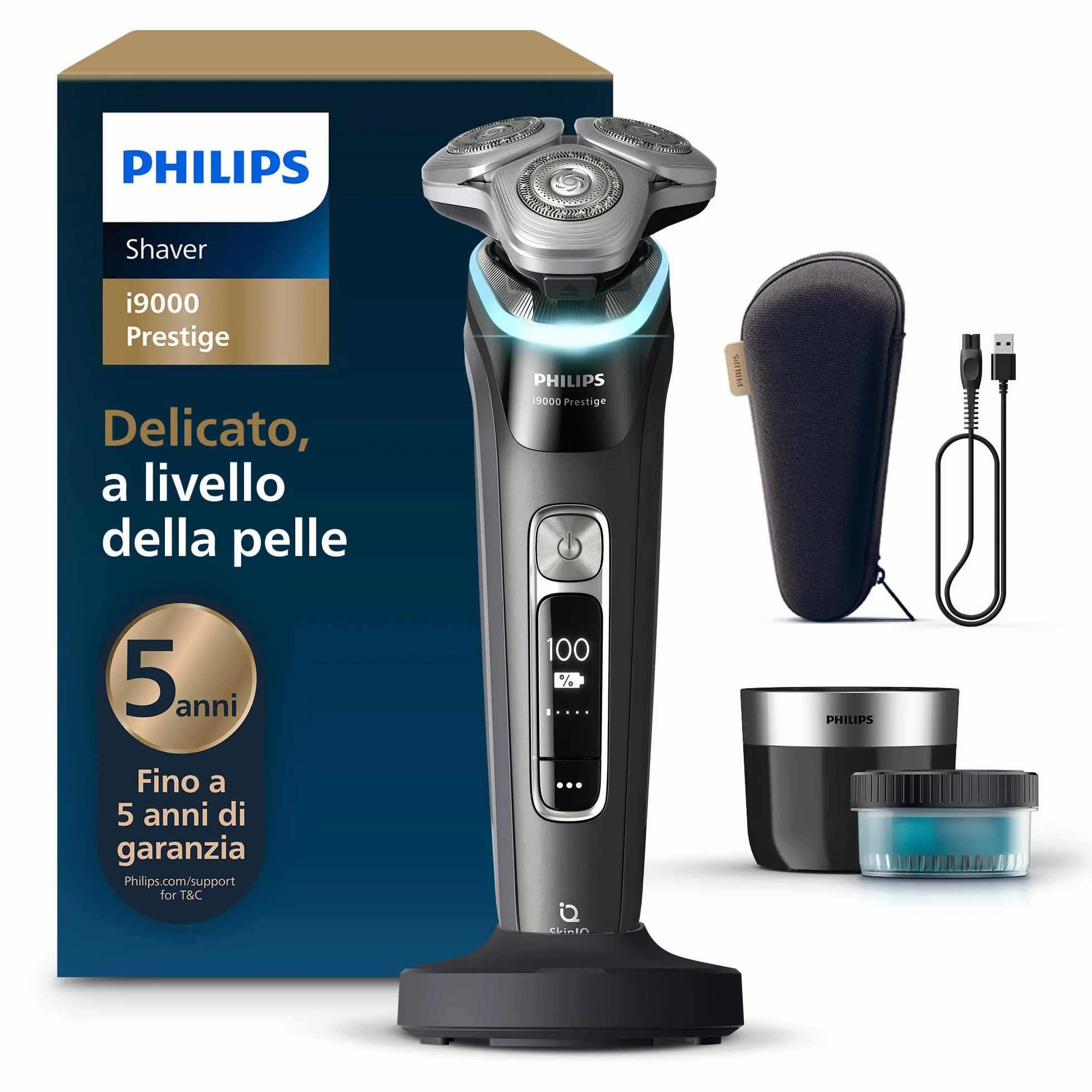 Philips Shaver i9000 Prestige Rasoio Elettrico Wet & Dry Skin IQ Triplo Sistema Lift & Cut Doppie Lame Acciaio 360º XP9207/30