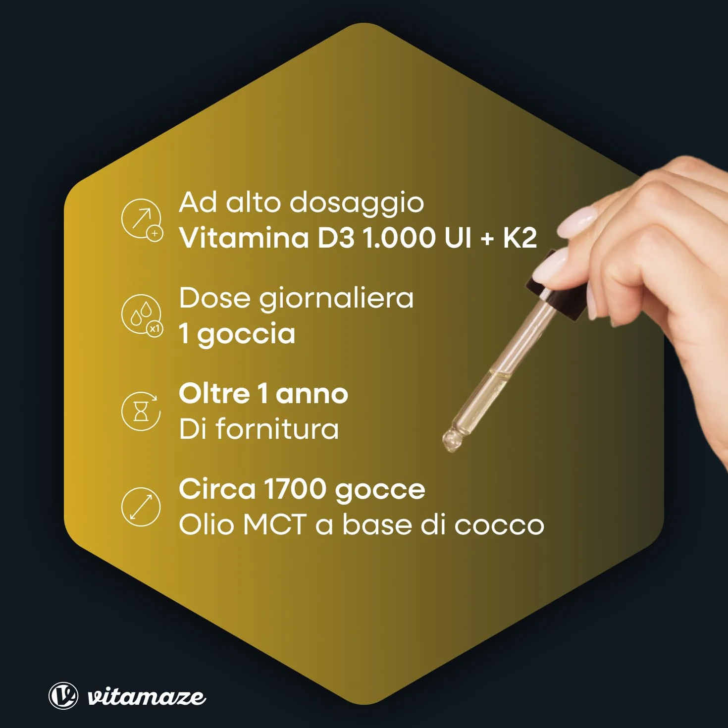 Vitamina D3 + K2 Gocce, 1000 UI ad Alta Dose, Vegetariano & Liquido (99,7+% All-Trans MK-7), 50 ml (1700 Gocce), Elevata Biodisponibilità, Nessun Additivo Inutile, Vitamaze