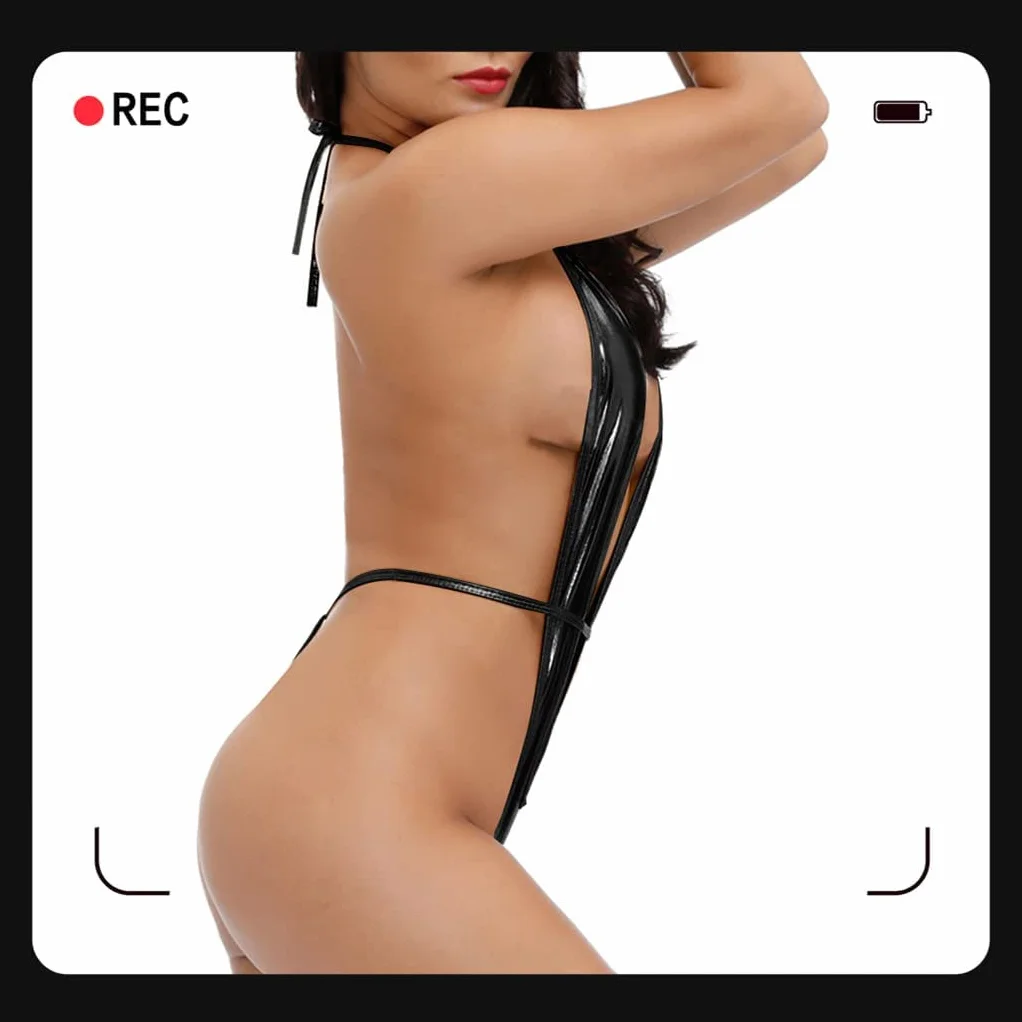 Sexy Body in Pelle per Donna, Brevetto Bodysuit Halter Lingerie con profondo collo a V, Teddy Mini Backless Clubwear Dress S-XL