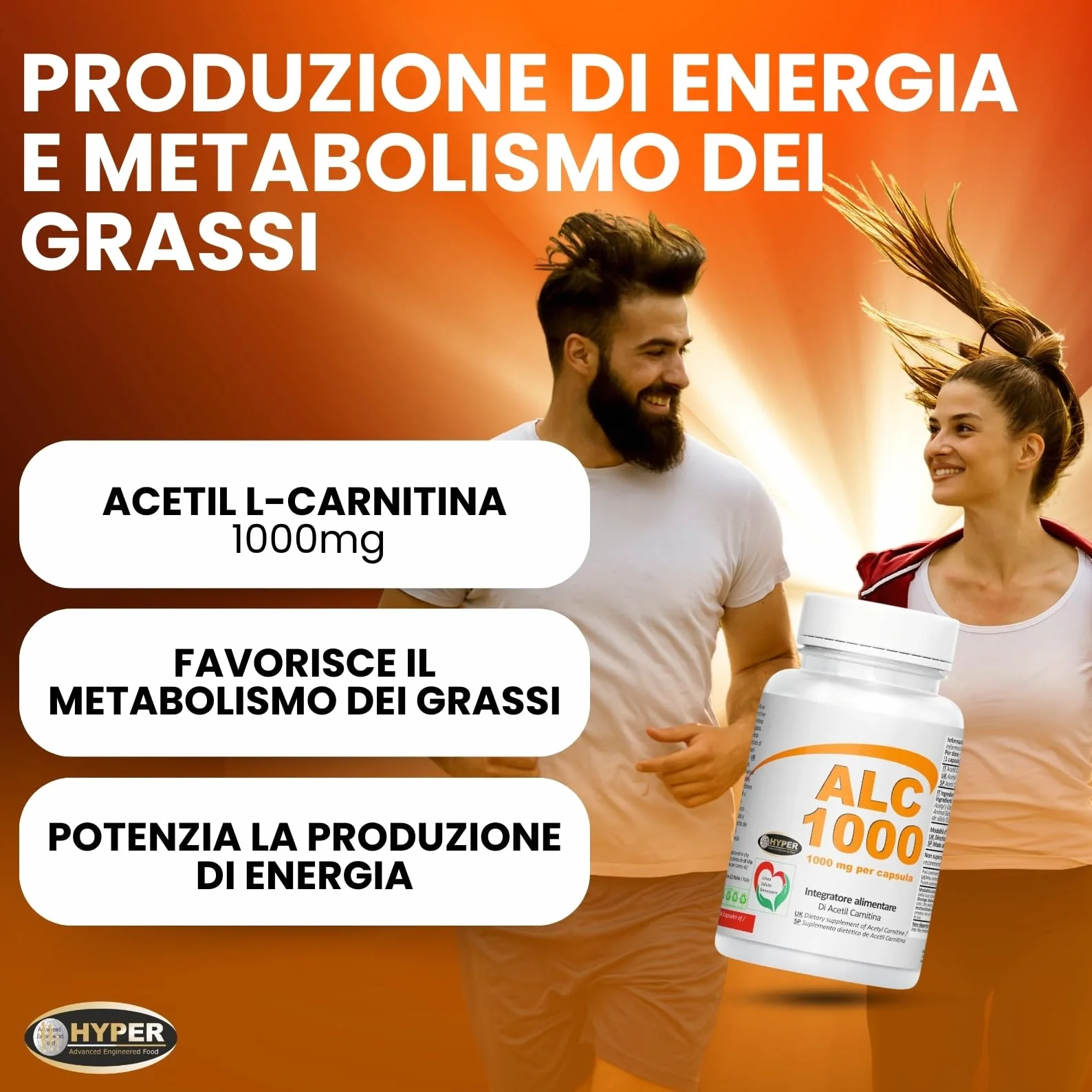 Hyper ACETIL L-CARNITINA 1000 MG per capsula | ALCAR Acetyl L-Carnitine + Energia favorisce il Metabolismo dei Grassi Attività Fisica intensa | Palestra, Sport Allenamento | 3 Flaconi da 60 Capsule