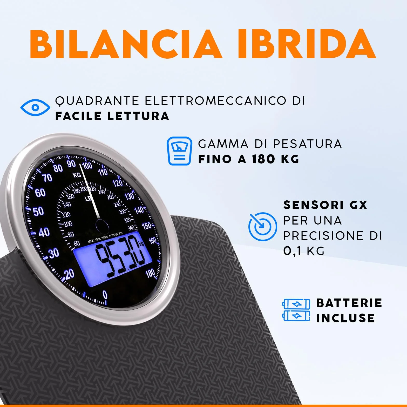 ZENO Bilancia Pesapersone Ibrida Digitale & Analogica 2-in-1 Fino a 180 kg Vetro Temperato Display Retroilluminazione