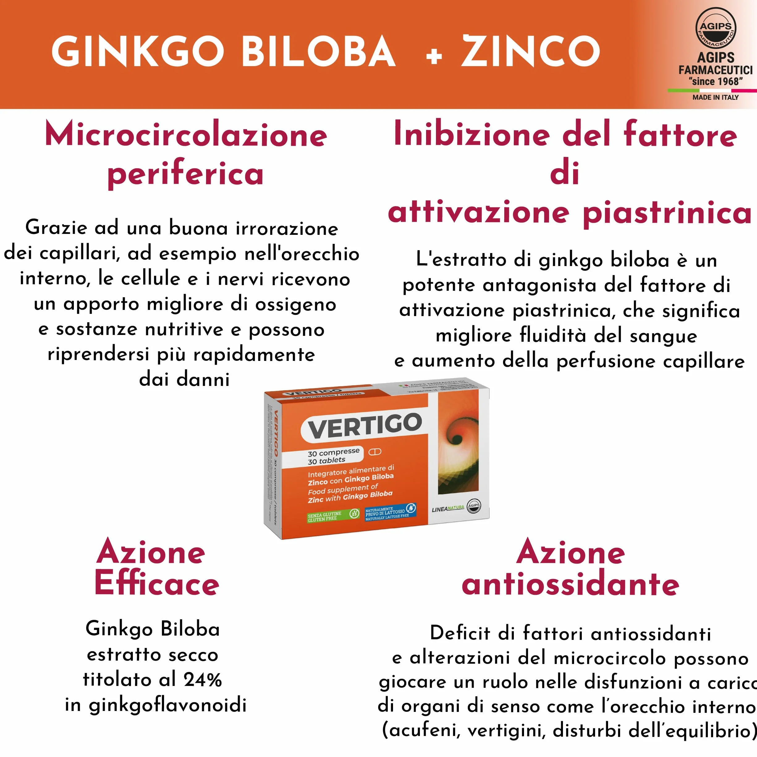 Vertigo Acufene Ronzio Orecchio Integratore Alimentare Zinco Ginkgo Biloba 30 compresse