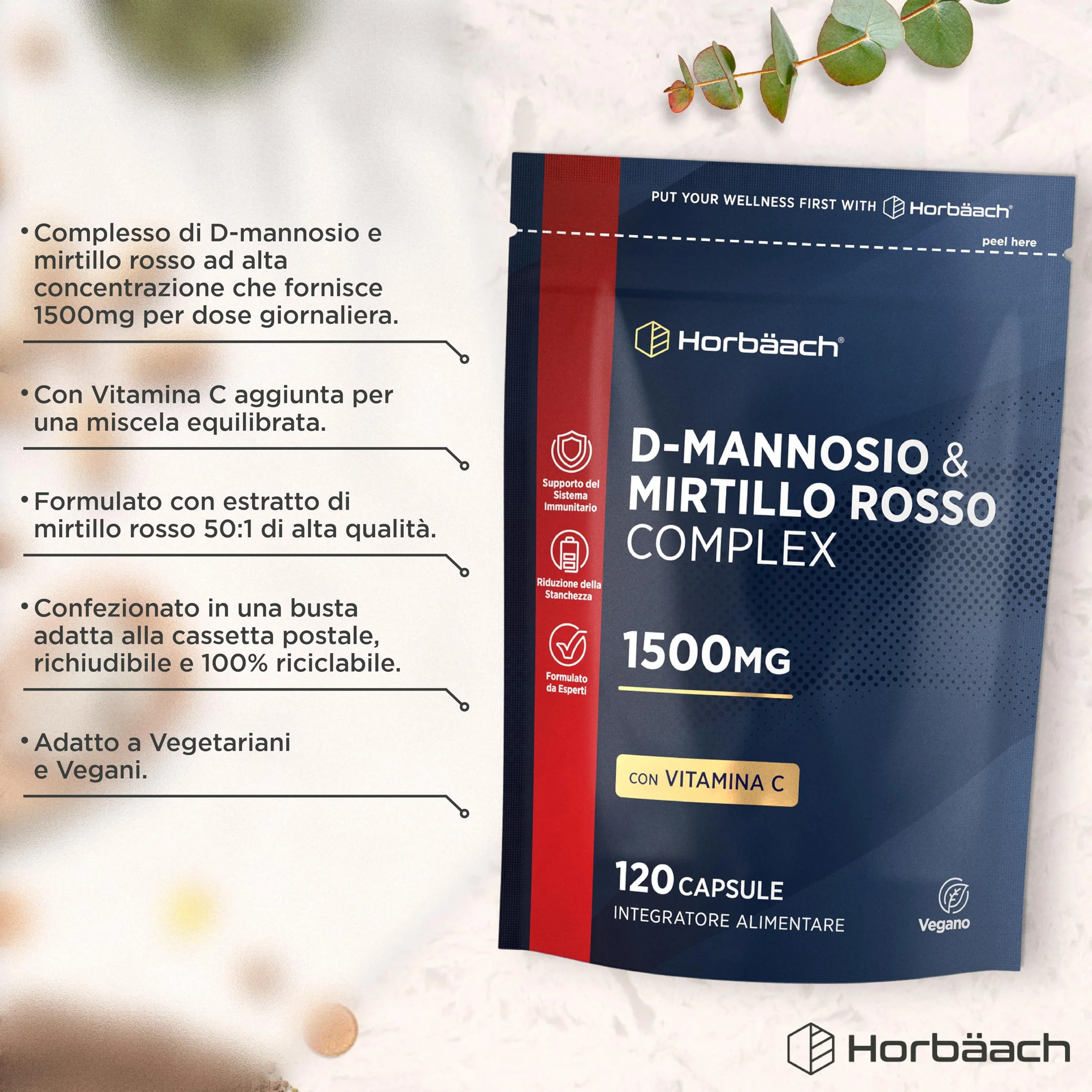 D Mannosio Cranberry 1500 mg | 120 Capsule Vegane | con Vitamina C | aiuta il Sistema Immunitario | di Horbaach