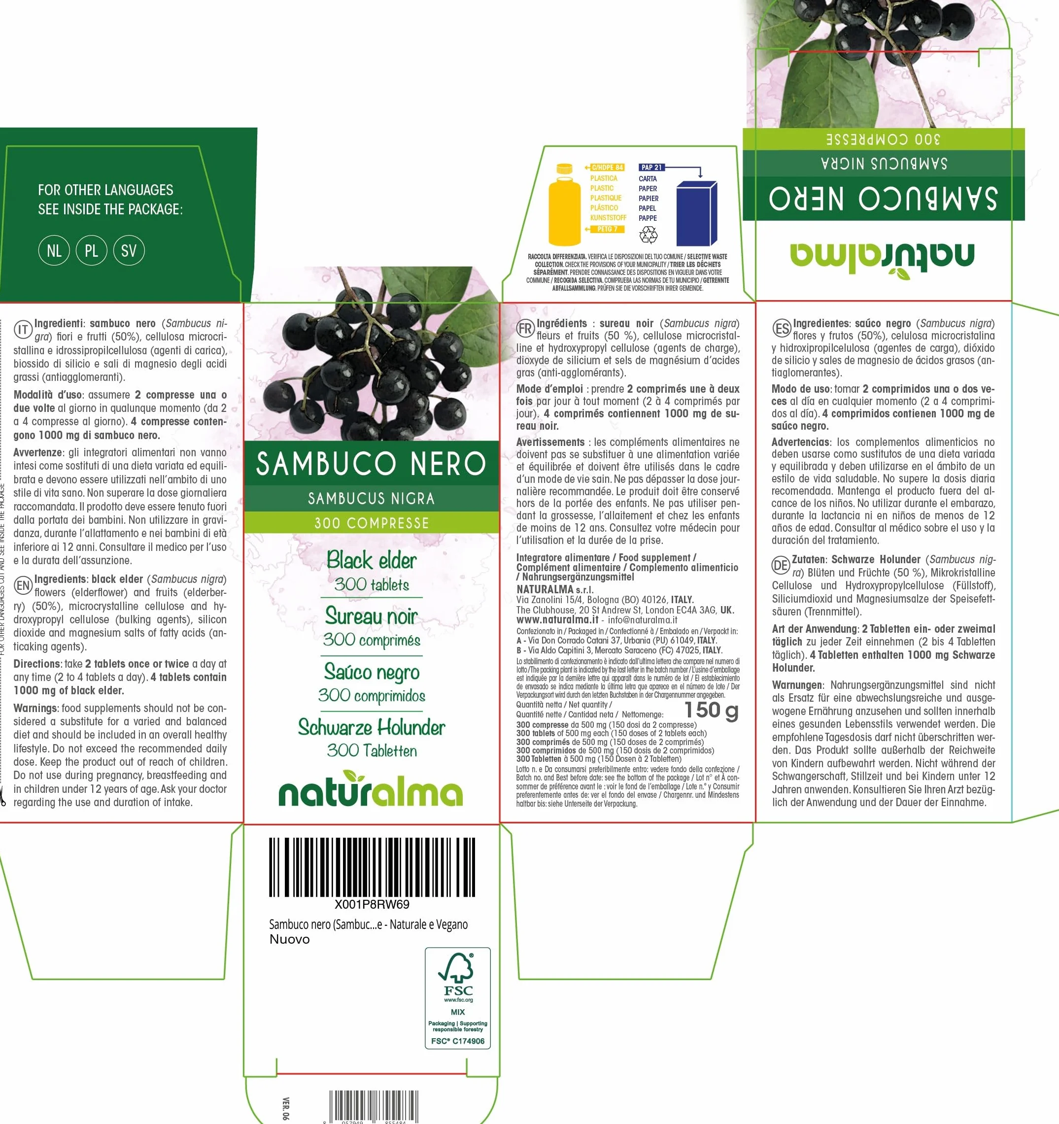Sambuco nero (Sambucus nigra) fiori e frutti Naturalma - 150 g - 300 compresse - Integratore alimentare - Naturale e Vegano