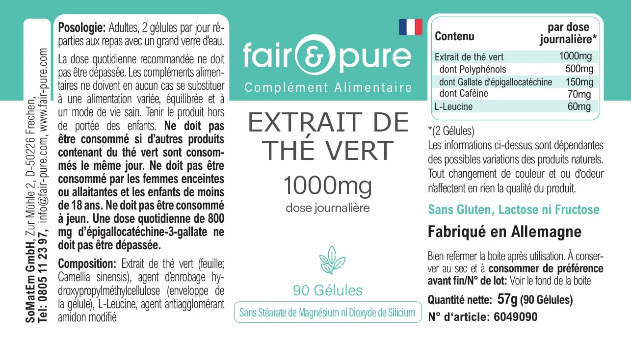 Fair & Pure® - Estratto di tè verde 1000 mg (Camilla sinensis) - 90 capsule - 50% polifenoli (tra cui EGCG) - vegano - senza magnesio stearato