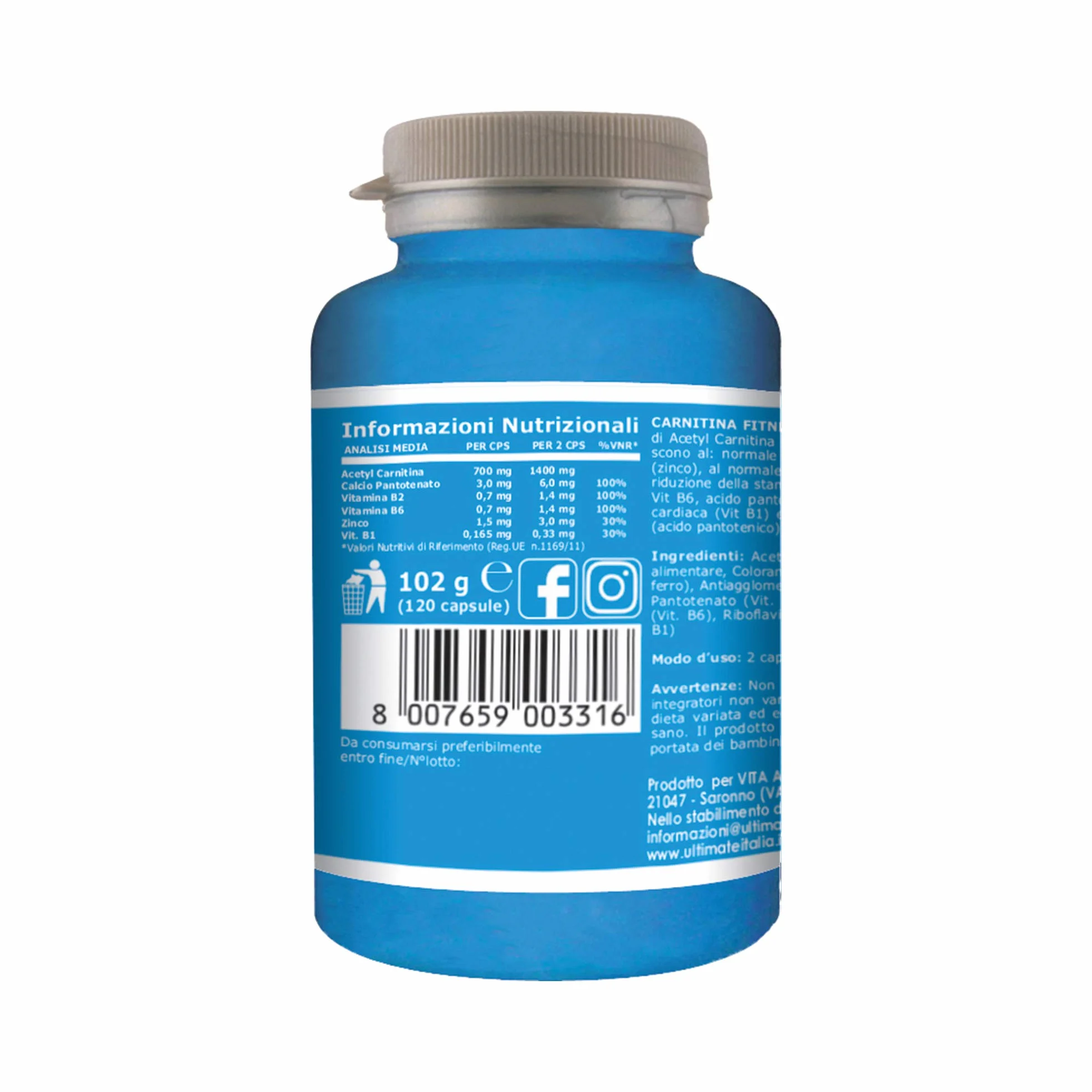 Ultimate Italia Carnitina Fitness 120 capsule integratore alimentare acetyl carnitina vitamine zinco senza glutine lattosio