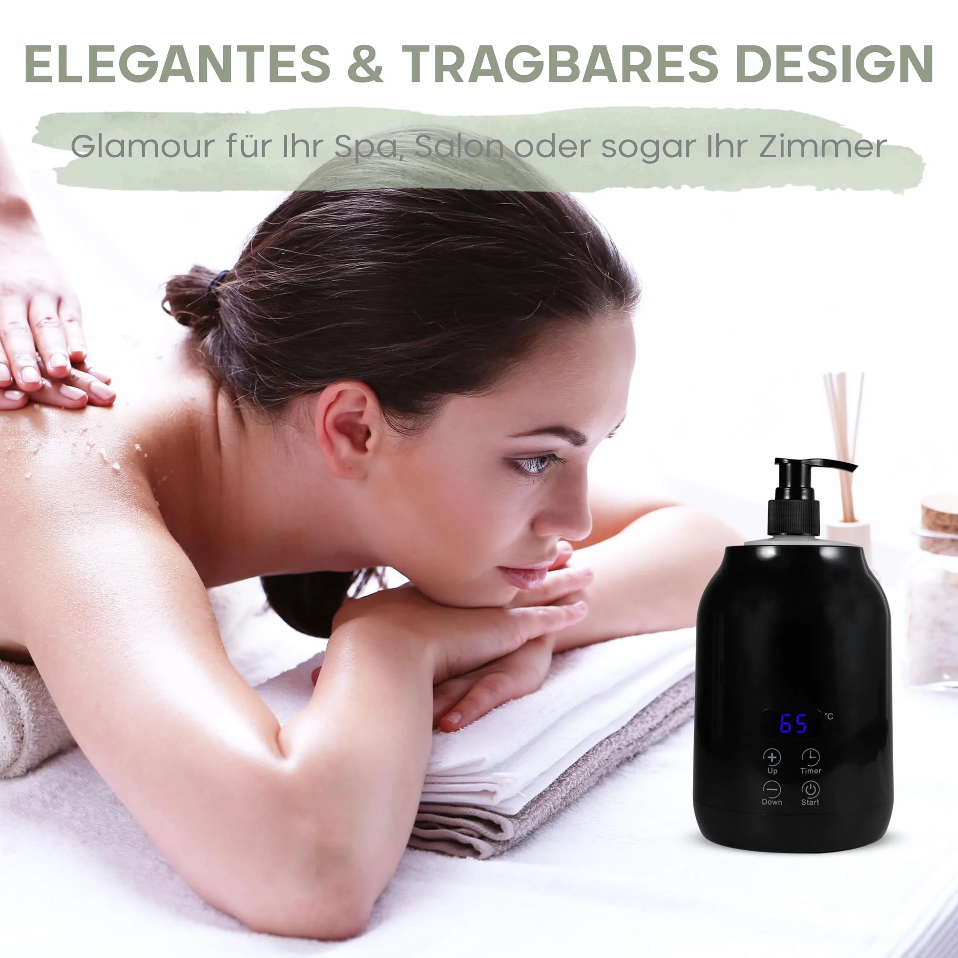 Scaldaolio da Massaggio | Bottiglia di Plastica Esterna (2x) | Per Olio da Massaggio e Oli Essenziali | Einstellbare Temperatur (30-65 Grad) | Massaggio Benessere e Relax | Scaldino Elegante (Nero)