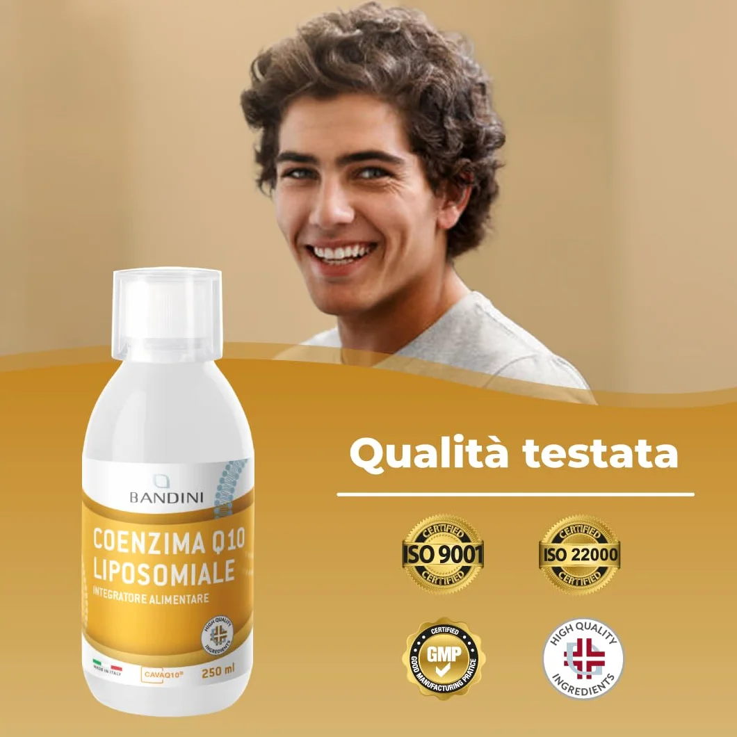 Bandini® Coenzima Q10 Liposomiale 200mg | Ubichinone Coq10 Alto Dosaggio 250ml - CAVAQ10® ad Alta Biodisponibilità, Vegano da Fermentazione del Mais | Coenzyme Q 10 | Migliore Antiossidante | Pelle