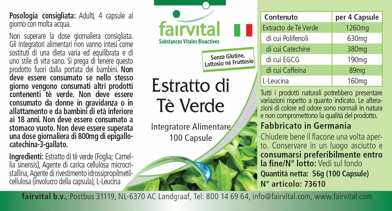 fairvital Estratto di tè verde, 100 capsule, facili da deglutire, polifenoli, catechine, EGCG e caffeina, ALTO DOSAGGIO, VEGANO, Camellia sinensis