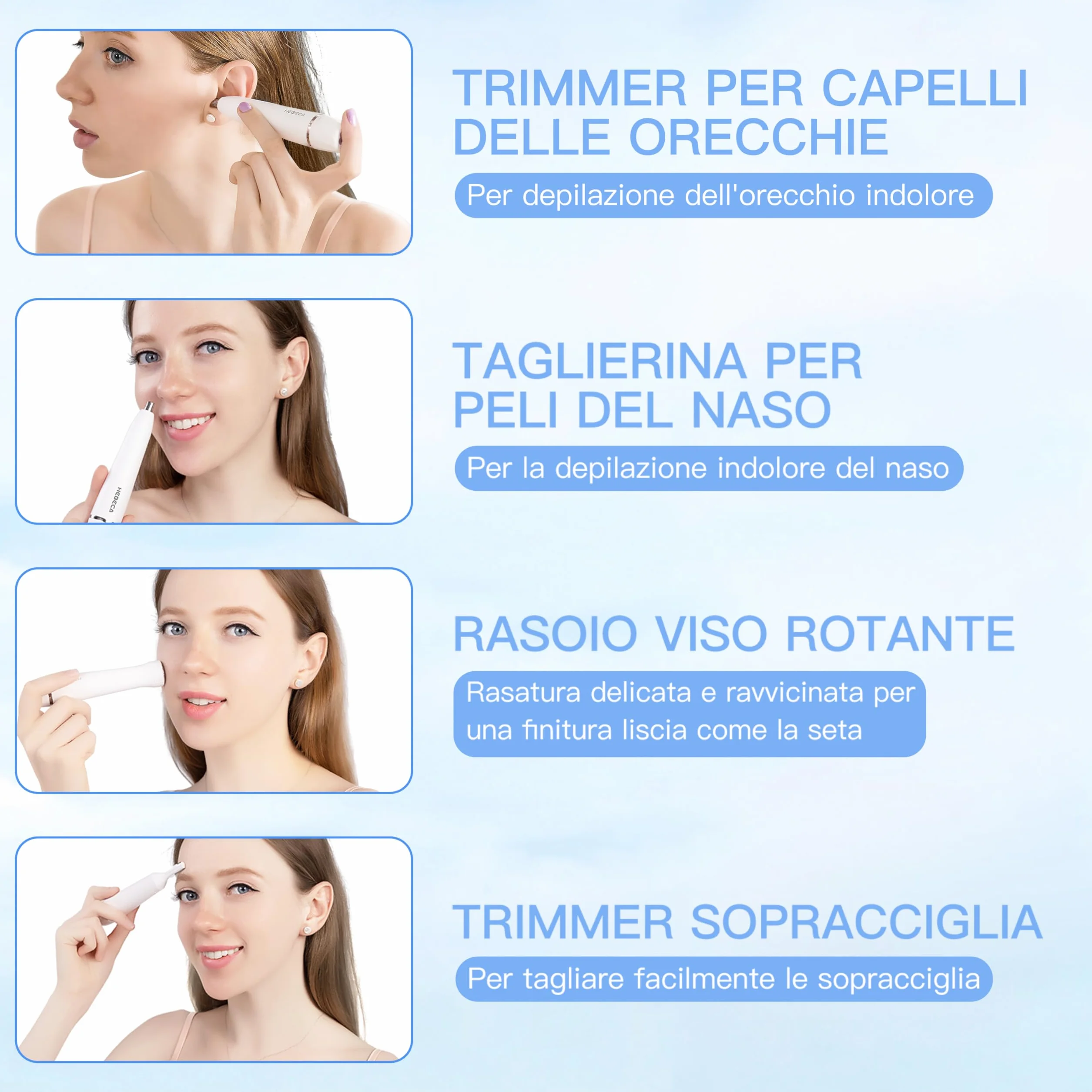 Rasoio Elettrico Donna 3 in 1 Epilatore Viso Portatile Sopracciglia Tagliapeli Naso Orecchie Ricaricabile Impermeabile