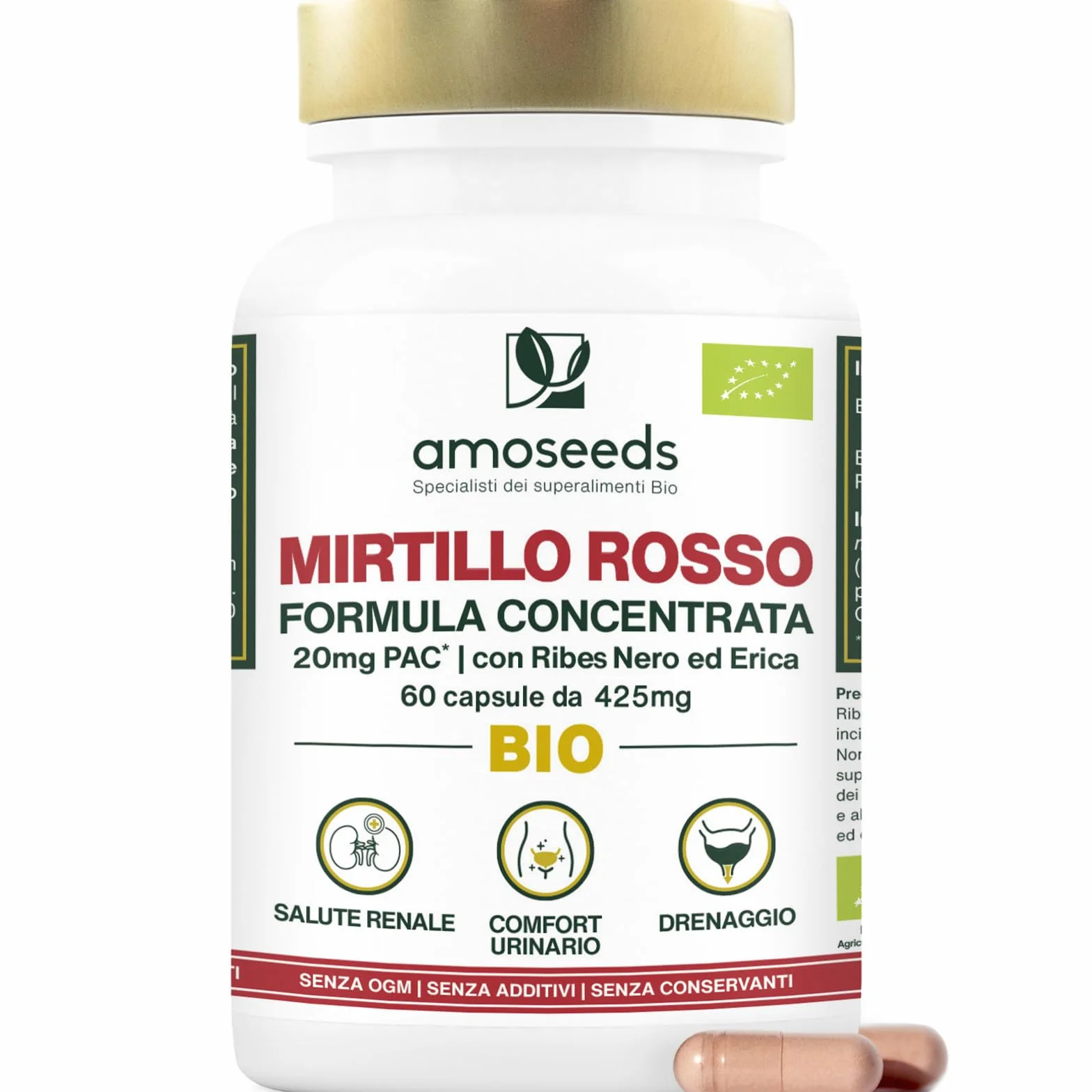 Mirtillo Rosso BIO | 5% PAC, Estratto ad Alta Concentrazione | Comfort Urinario, Reni, Vescica | Formula con Ribes Nero e Erica Bio | 60 capsule | Qualità Superiore