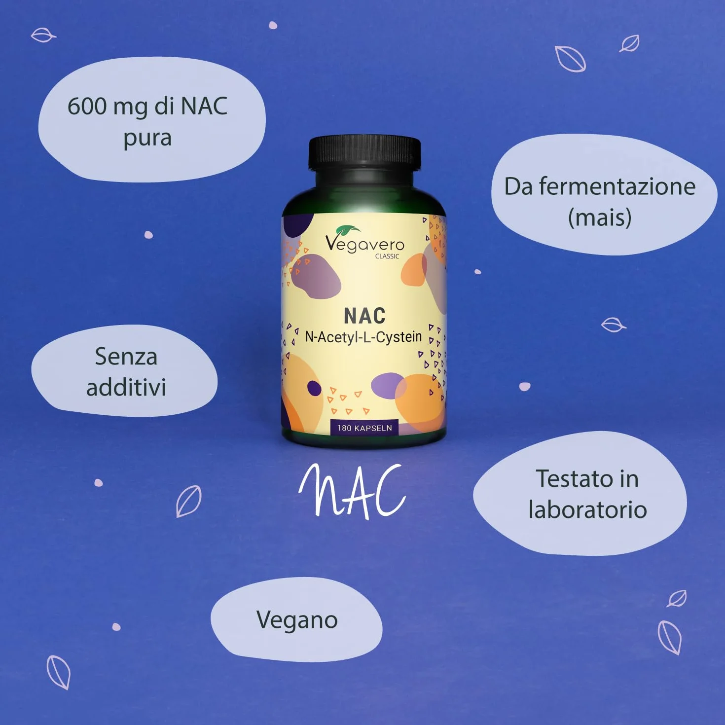 NAC N-Acetil-Cisteina 600 mg | 180 capsule (6 Mesi) | Alto Dosaggio | 100% NATURALE da Mais | Precursore del Glutatione | SENZA ADDITIVI | Integratore N-Acetyl L-Cysteine | Vegan | Vegavero