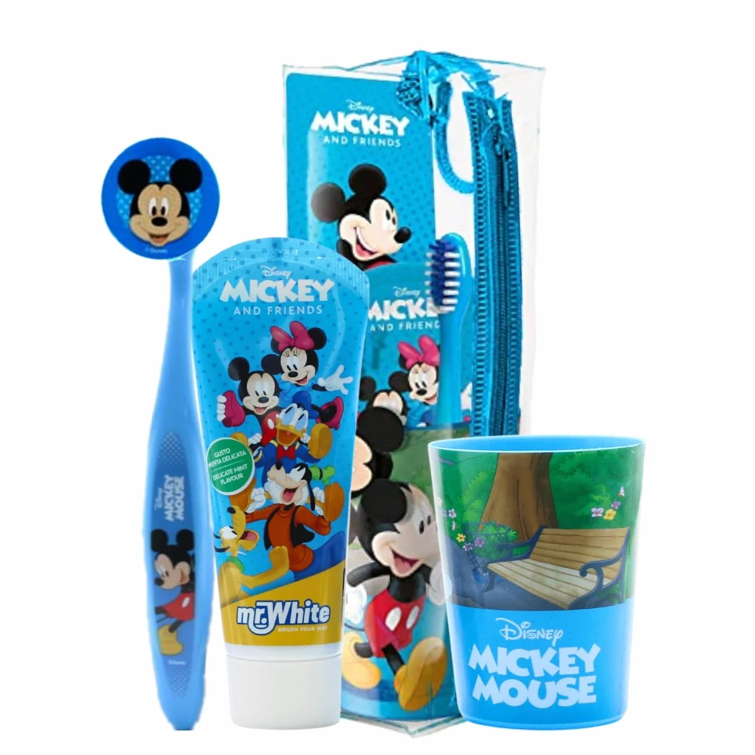 Mickey Mouse - Set di sacchetti per bambini, adatto ai viaggi, con spazzolino manuale con ventosa, tappo da viaggio, dentifricio al gusto di menta delicata per bambini da 75 ml e bicchiere Mr. White