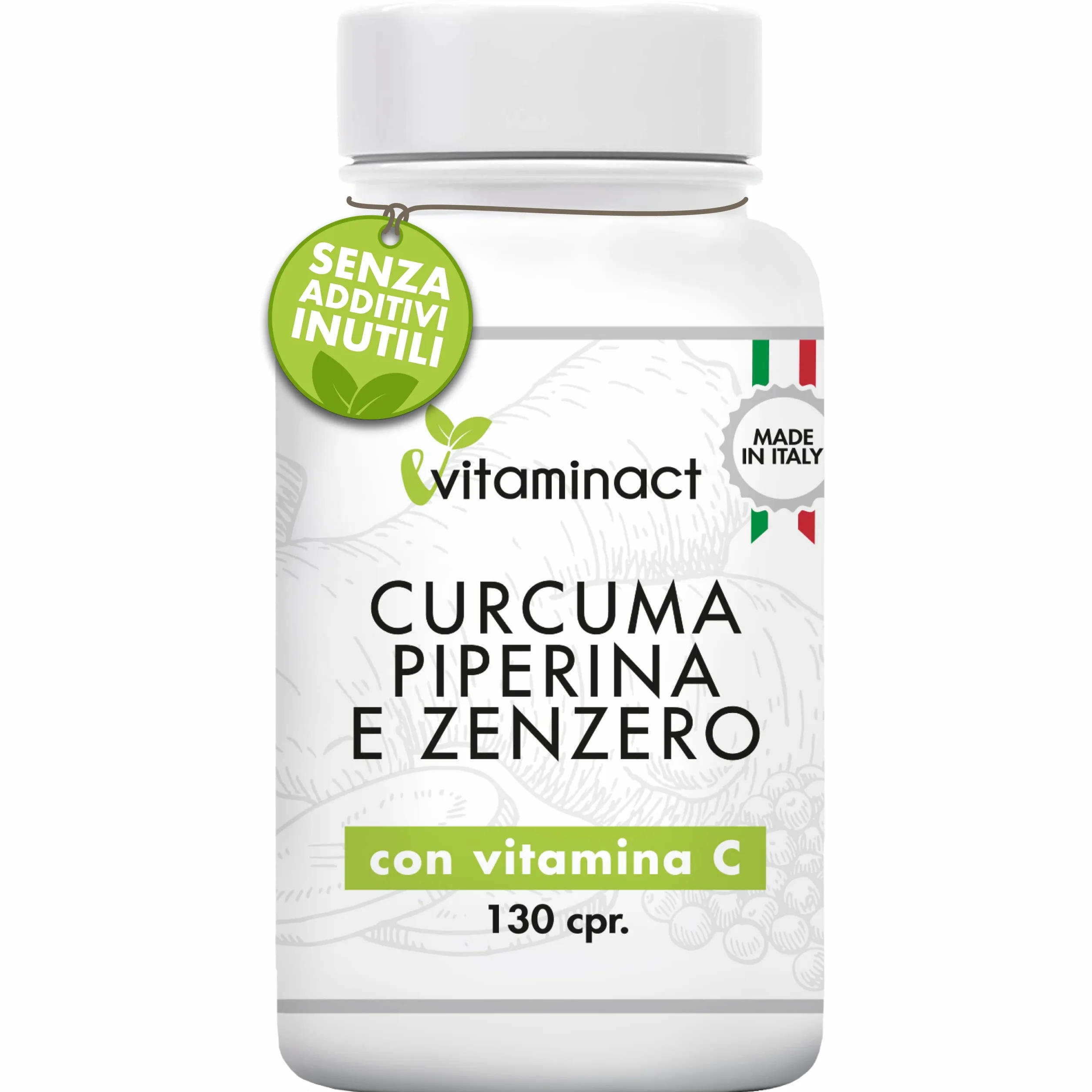 Curcuma Piperina Plus Zenzero Vitamina C 130 cpr Altissimo Dosaggio Naturale Estratto Curcuma 1280mg Curcumina 200mg Piperina 10mg Brucia Grassi Antinfiammatorio