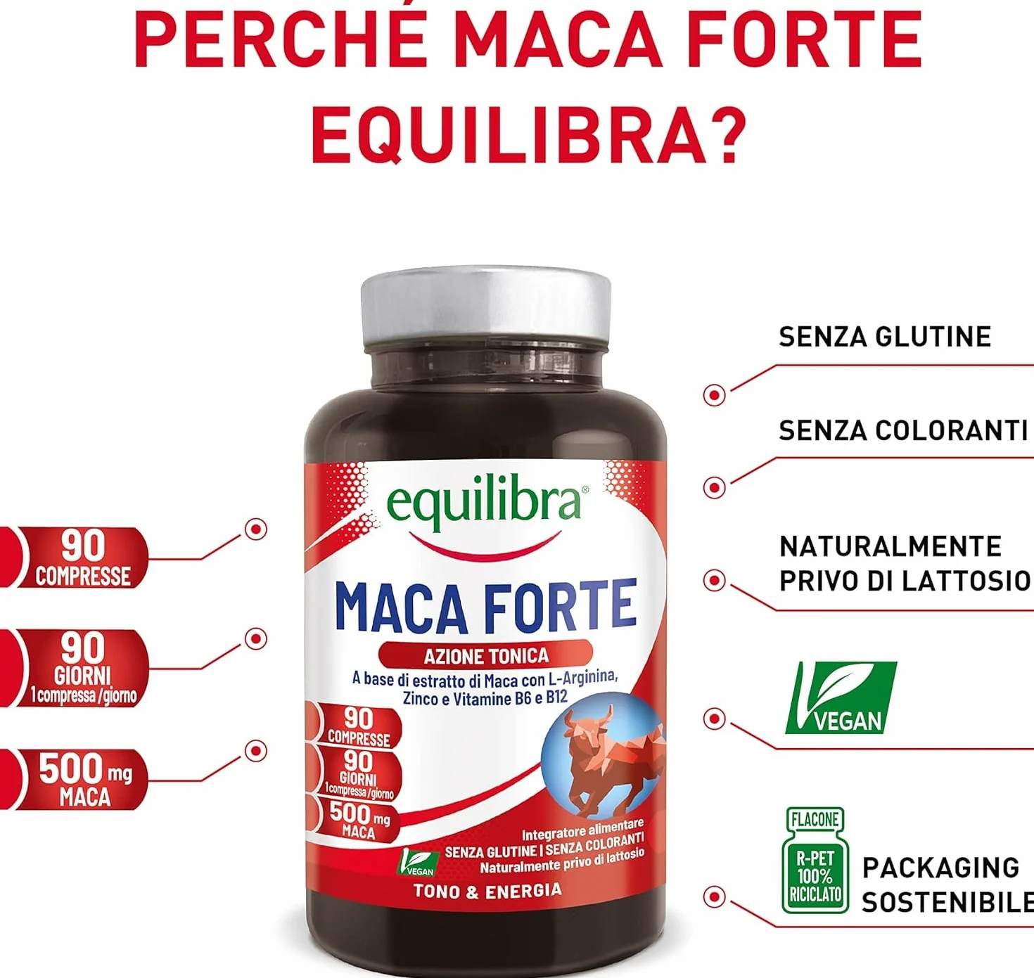 Equilibra Integratori Alimentari, Maca Forte, Tono e Vigore Fisico, Altodosato a Base di Estratto di Radice di Maca Peruviana 500 mg, L-Arginina, Zinco, Vitamine B6 e B12, 90 Compresse
