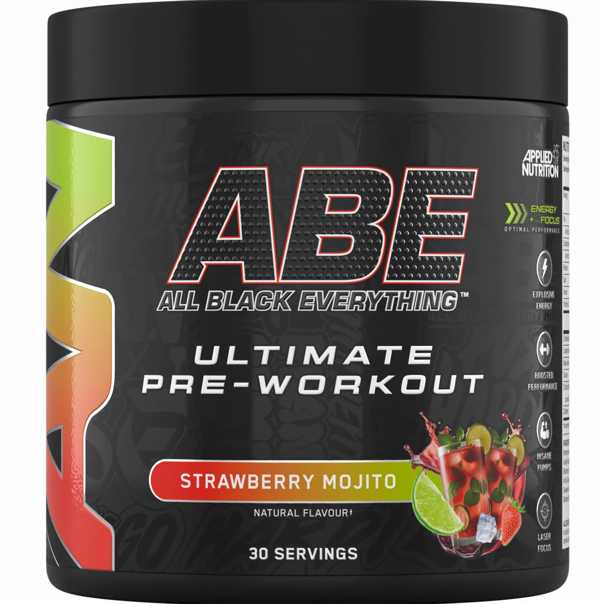 Applied Nutrition ABE All Black Everything Pre Workout Powder Energy, Performance fisica con citrullina, creatina, beta alanina, caffeina, Vitamina B complex, 315 gr, 30 porzioni (Strawberry Mojito)