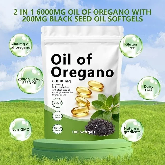Olio di origano Softgels 180 conteggi 2 in 1 con olio di semi neri carvacrolo timochinone senza glutine non OGM