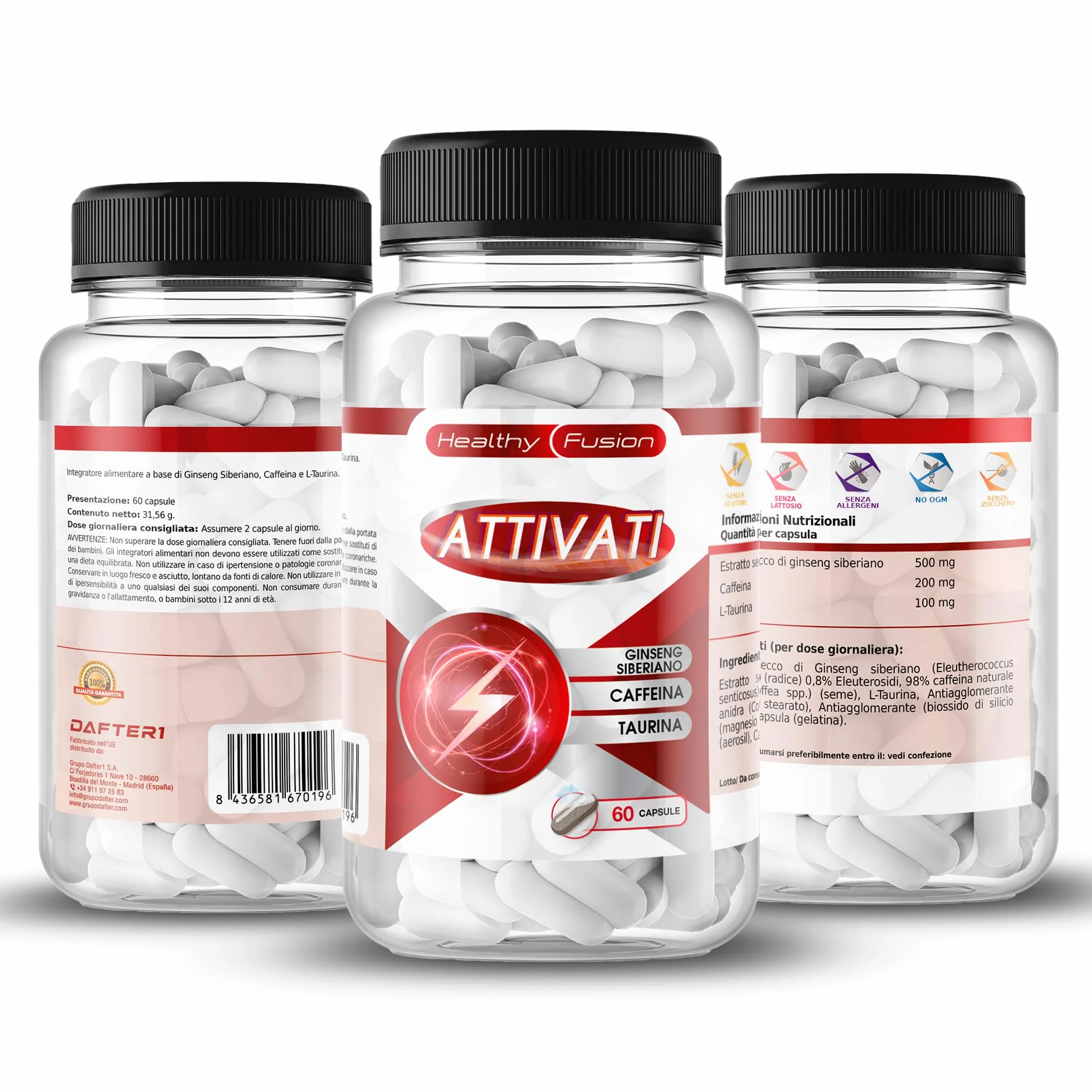 Actívate L-Taurina Cafeína Ginseng Siberiano Integratore alimentare 60 capsule