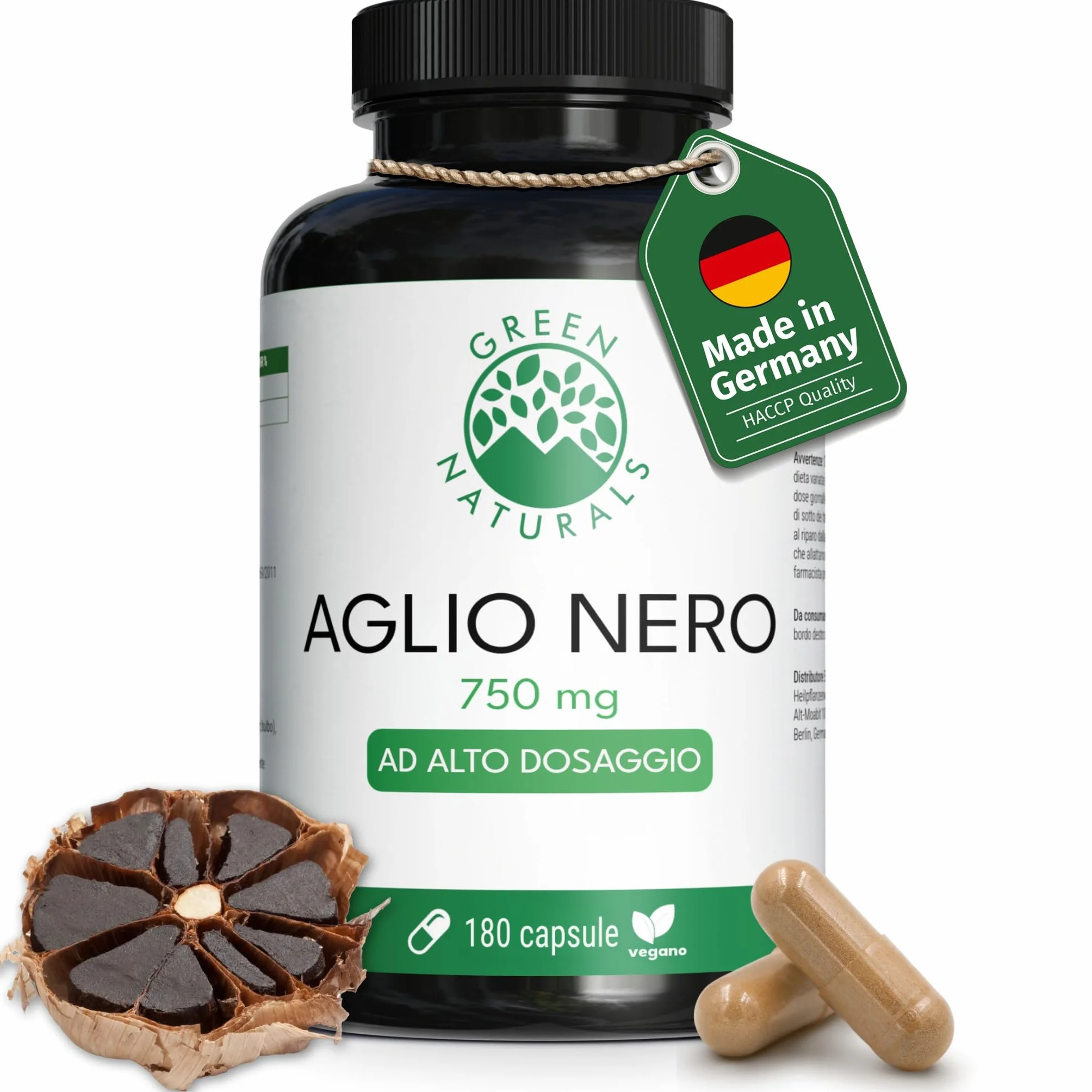Green Naturals® Aglio Nero – Alto dosaggio 750 mg (estratto 15:1) – Equivalente a 11.250 mg per dose giornaliera – Black Garlic – 180 capsule