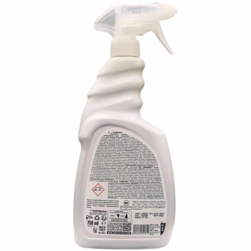 Fornonet, Detergente Alcalino Schiumogeno Super Concentrato per Forni, Grill e Piastre, Ideale per Togliere Residui di Grasso, Olio e Sporco di Cibo Bruciato, Flacone 750 ml (3 Unità)