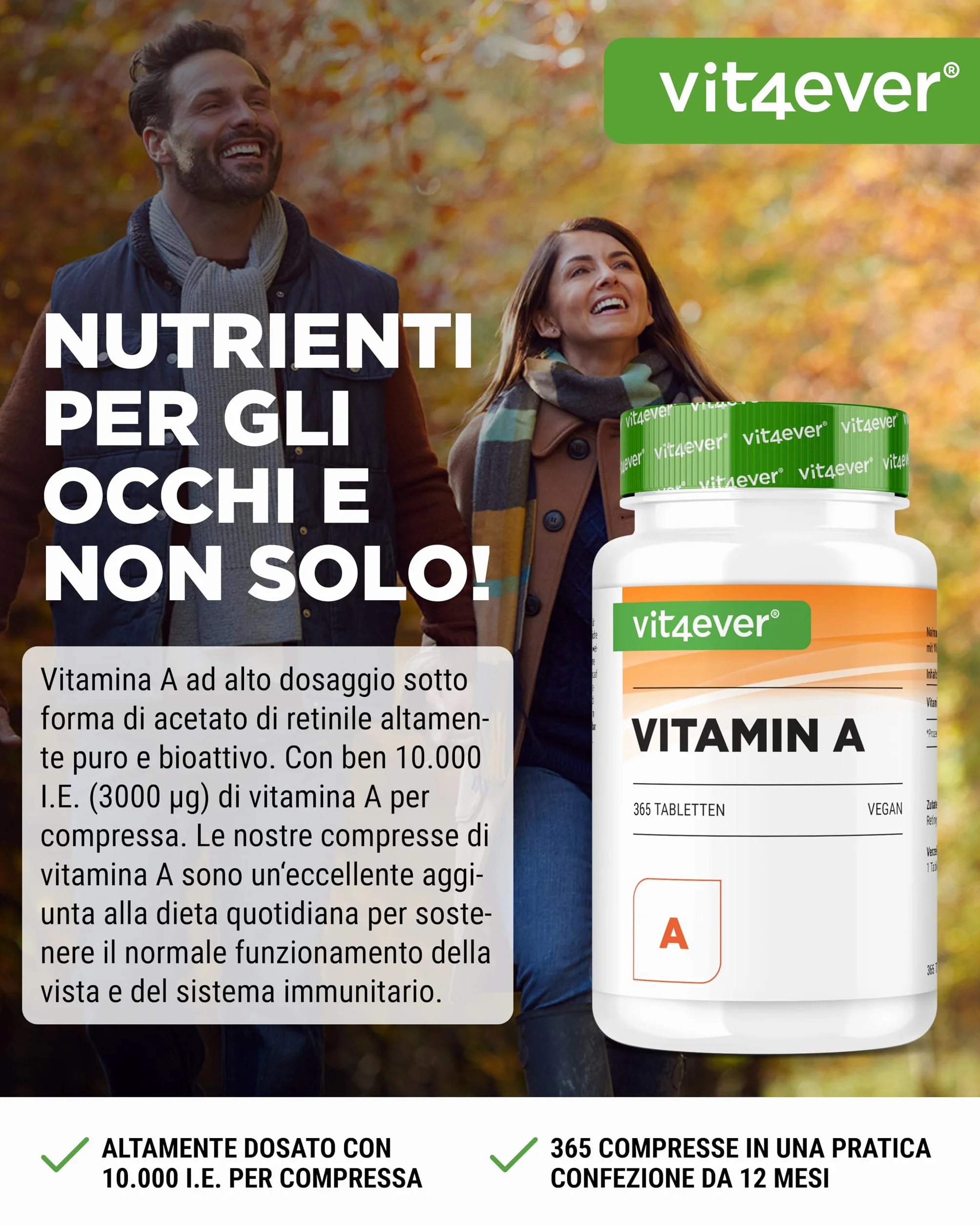 vit4ever Vitamina A - 10.000 U.I. (3000 µg) - 365 compresse - Alternativa alle capsule - Acetato di retinile ad alto dosaggio - Senza additivi inutili - Occhi, pelle, sistema immunitario - Vegan