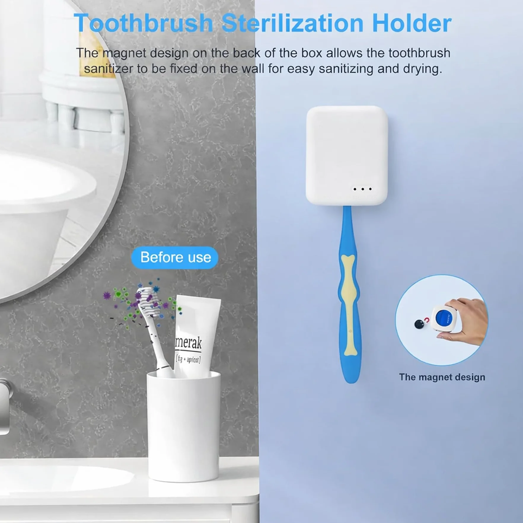 Disinfettante per sterilizzare lo spazzolino da denti, disinfettante per sterilizzatore a parete portatile per spazzolino UV, supporto per asciugatura per sterilizzazione a spazzolino UV(bianco)