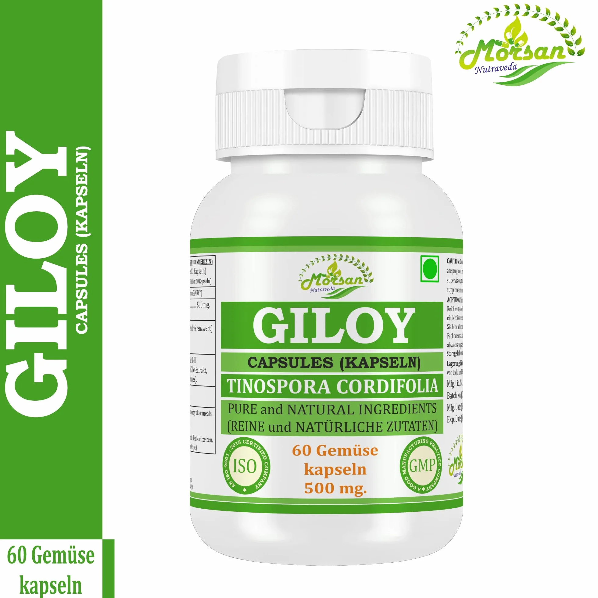 Giloy (Guduchi) Capsule 500 mg – 60 Capsule vegane | Estratto di Tinospora cordifolia ad alto dosaggio (10:1) | Integratore alimentare ayurvedico per uomini e donne (1 flacone da 60 capsule)