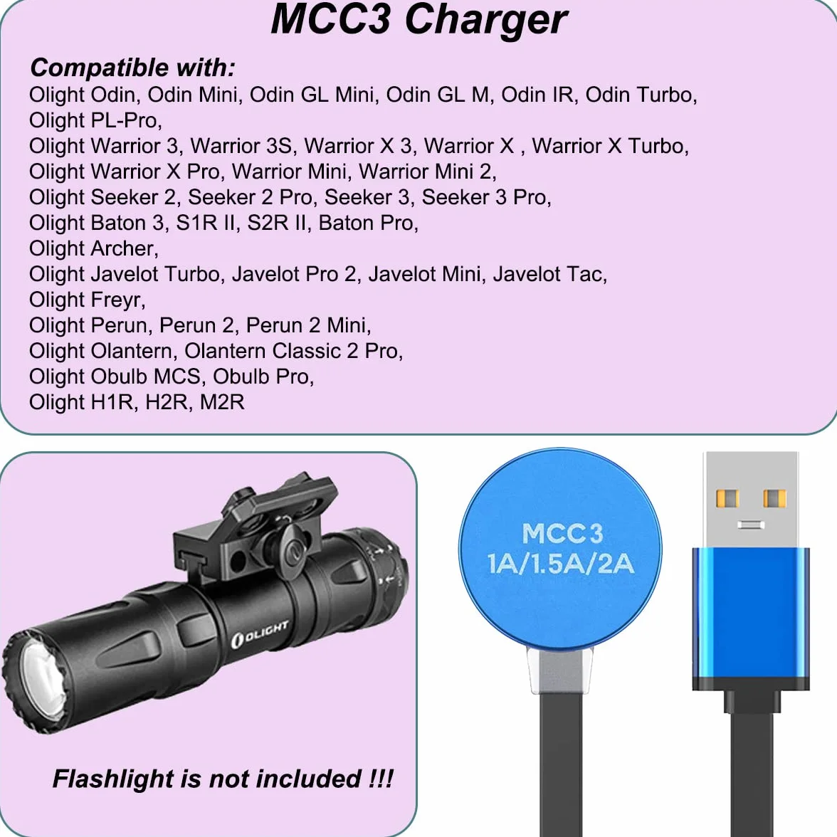 Kissmart MCC 3 Caricabatterie per Olight Odin/Odin Mini/PL-Pro/Baton3/Warrior Mini2/Perun 2/Seeker 3 Pro/Warrior 3s/Baldr Pro R, Cavo di ricarica USB 1m per torce