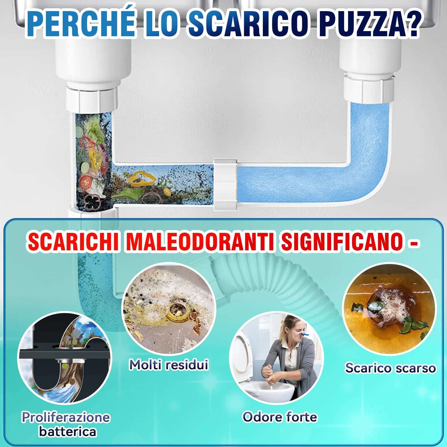 Pastiglie per la Pulizia degli Scarichi Maleodoranti 25 Compresse Effervescenti Elimina Odori Lavandino WC Doccia Cucina PVC Acciaio