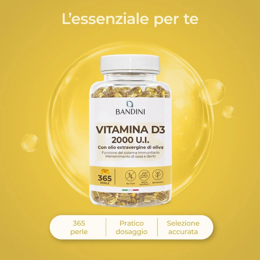 Bandini® Vitamina D3 2000 UI 365 Softgels, Alto Dosaggio 50μg, Vitamine D Colecalciferolo in perle, In Olio Extravergine di Oliva per Assorbimento Ottimale, Ossa, Denti, Muscoli, Sistema immunitario