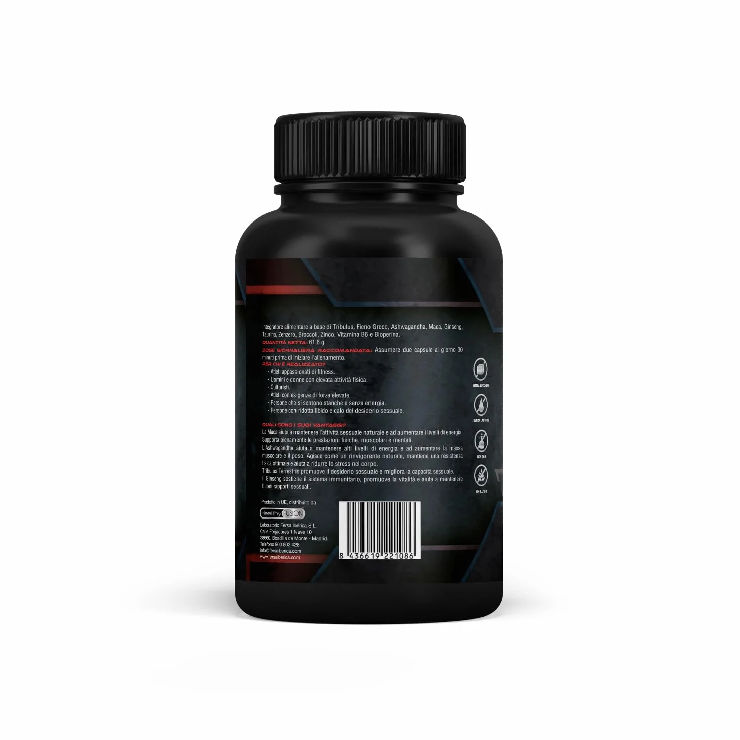 Healthy Fusion 100% ULTIMATE TESTOSPORT | Booster con Maca, aAhwagandha e Tribulus | Efficace potenziatore sessuale | Aumenta la massa muscolare | Energia e le prestazioni sportive | 120 capsule