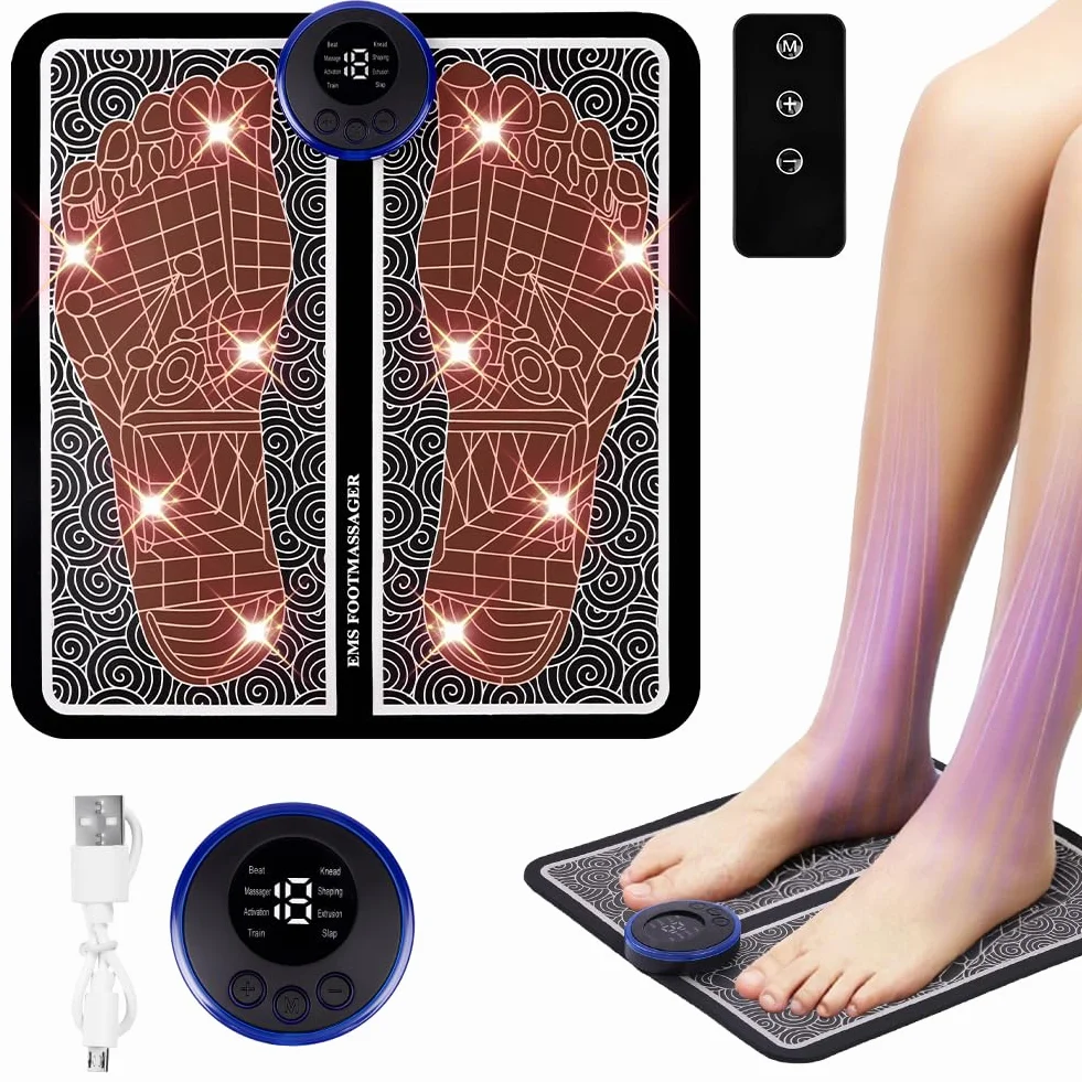 OSDUE Massaggiatore per Piedi,EMS Massaggiatore Elettrico Pieghevole e Portatile con telecomando,8 Modalità e 19 Intensità,per la Circolazione Sanguigna e il Sollievo dal Dolore Muscolare