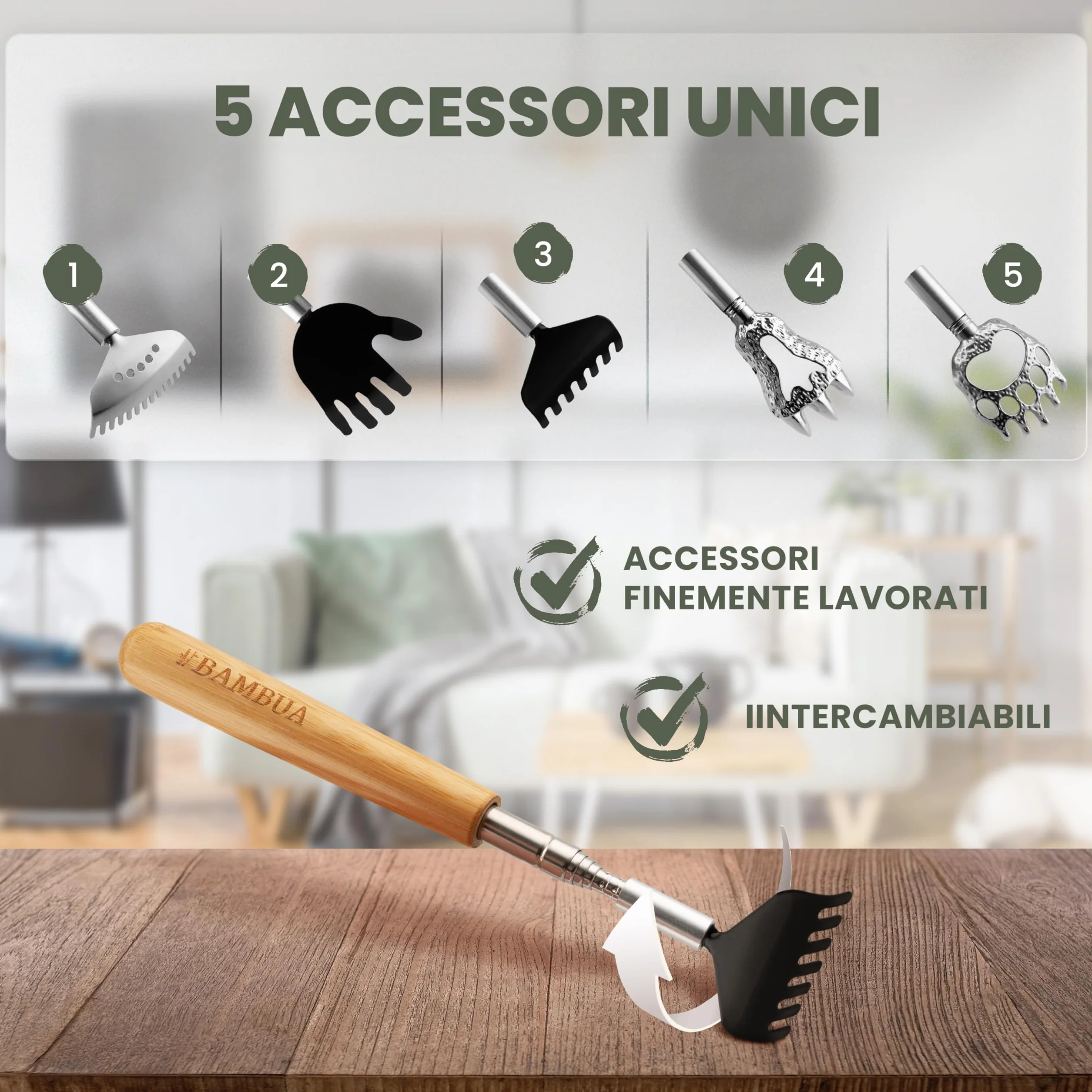 BAMBUA Manina Grattaschiena Allungabile - (Include 5 Accessori) Manico in Bambù - Per Sensazioni di Grattamento Soddisfacenti - Gratta Schiena Mano Allungabile - Grattino Schiena - Idea Regalo