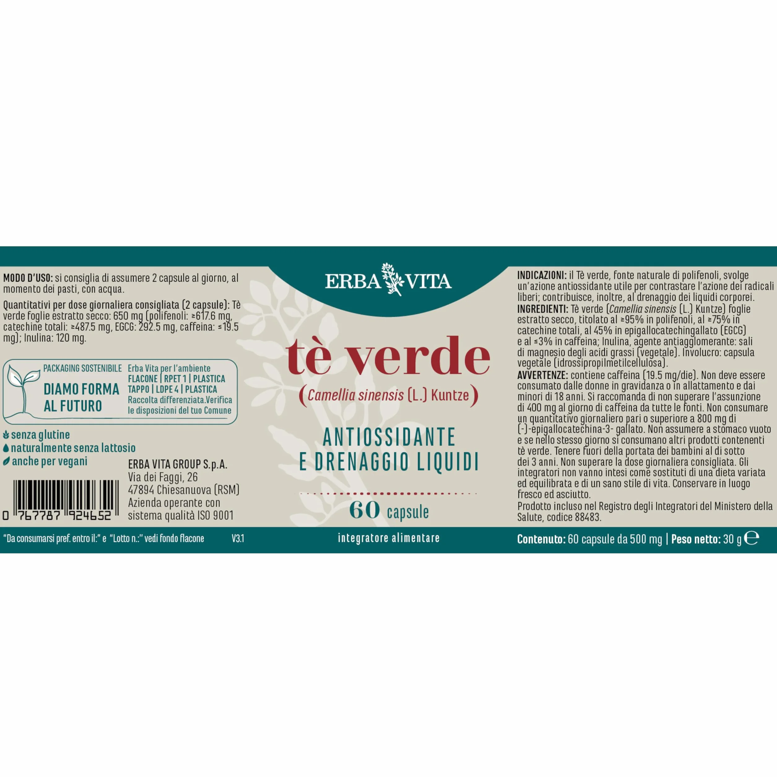 ERBA VITA Integratore Alimentare di Tè Verde - 60 Capsule - Svolge azione antiossidate e contrasta i radixali liberi