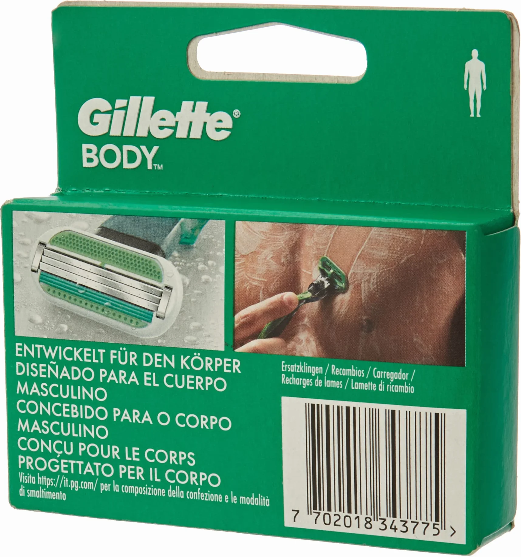 Gillette Rasoio per il corpo da uomo, 4 lamette per il corpo a tripla lama